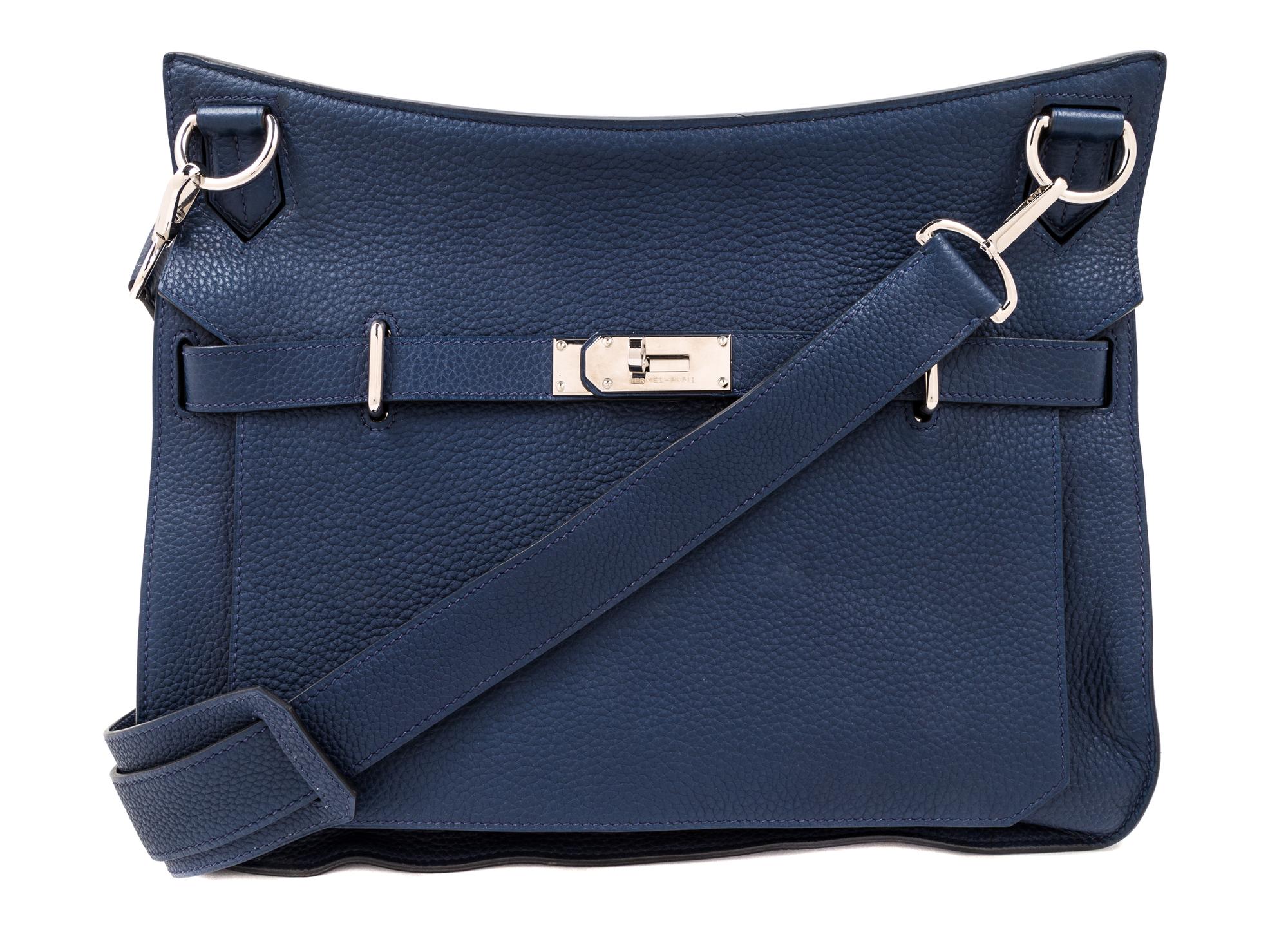 An Hermes Brighton Blue Taurillon Clemence 37cm Jypsiere Handbag, 14.5" x 11.5" x 6.3"; Strap drop: 18.5"- 22".