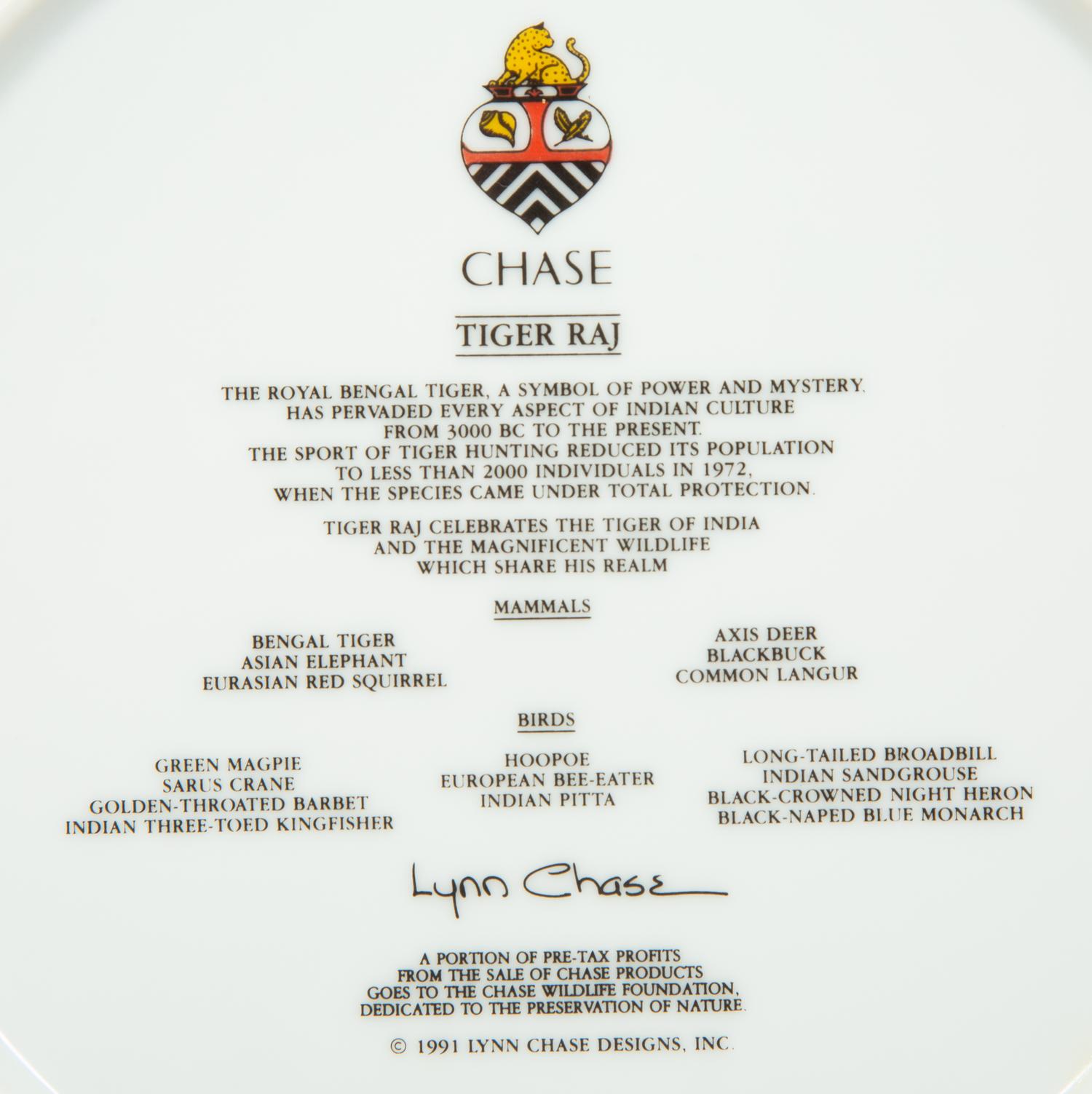 Twelve Lynn Chase Tiger Raj Dinner Plates and a Square Bowl