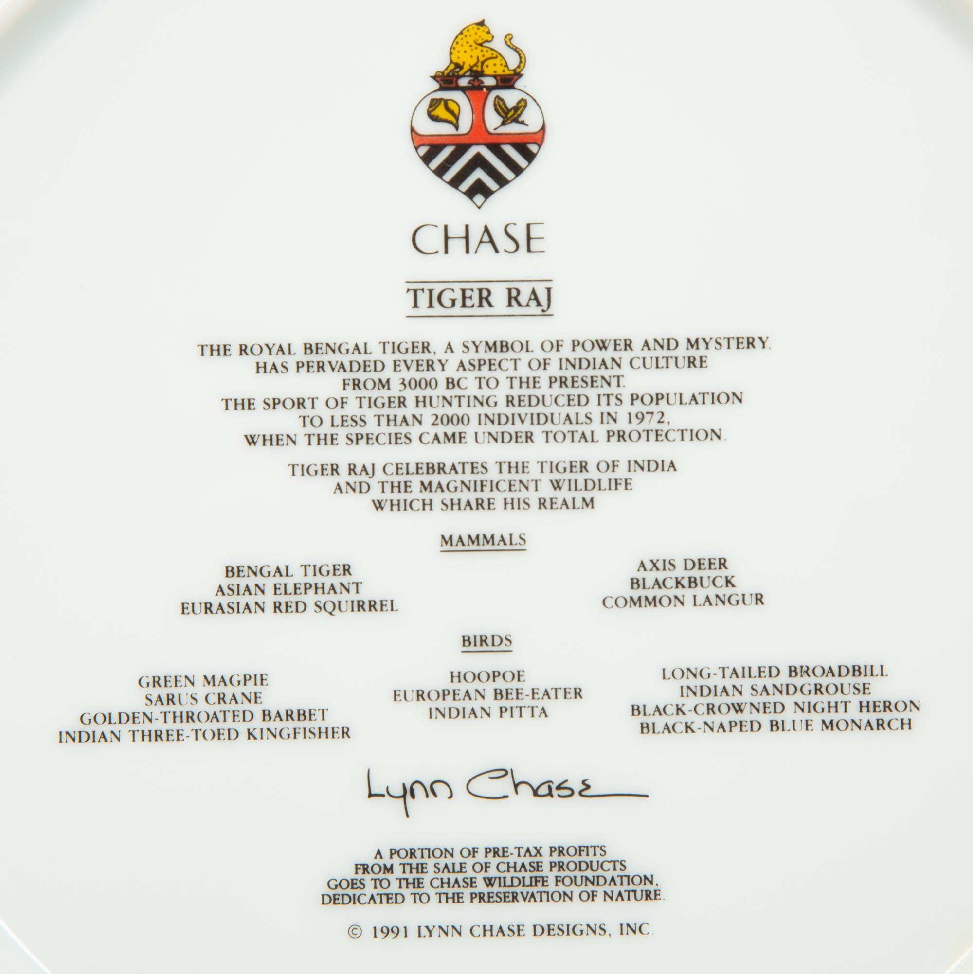 Twelve Lynn Chase Tiger Raj Dinner Plates and a Square Bowl