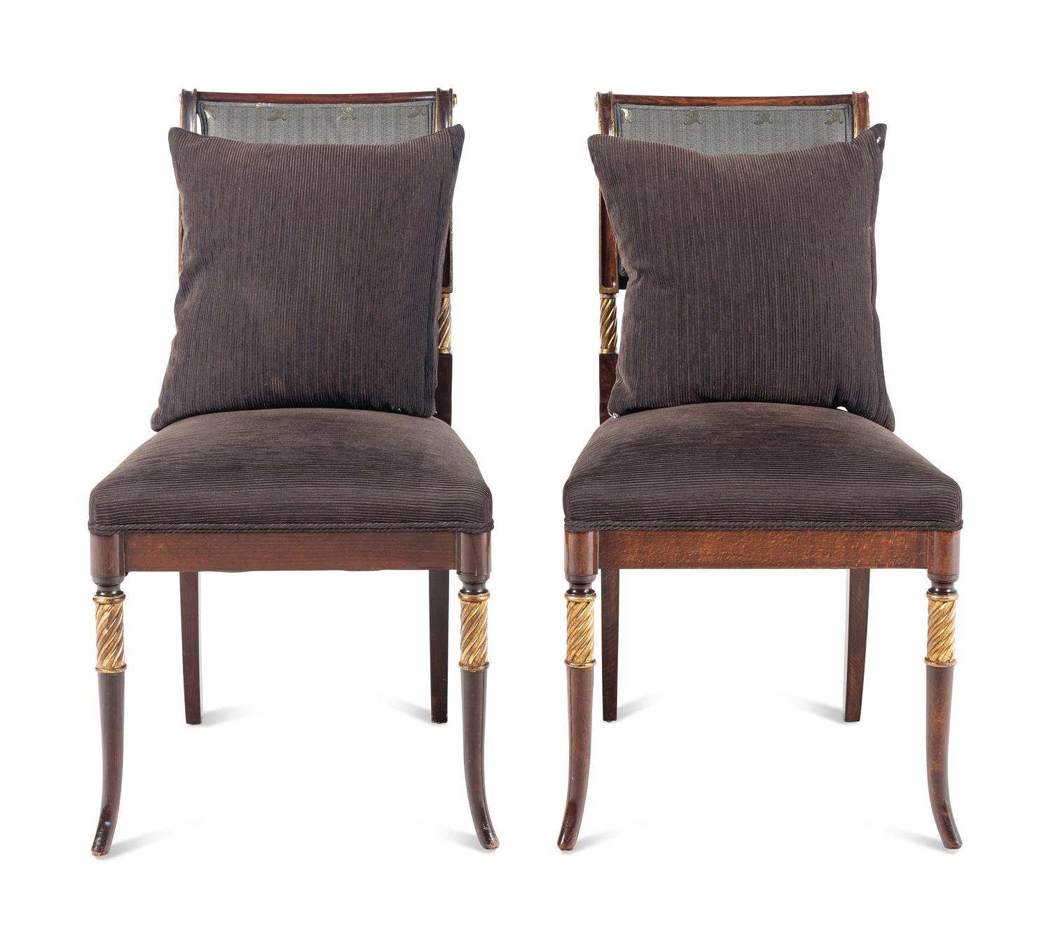 A Pair of Regency Style Parcel-Gilt Walnut Side Chairs