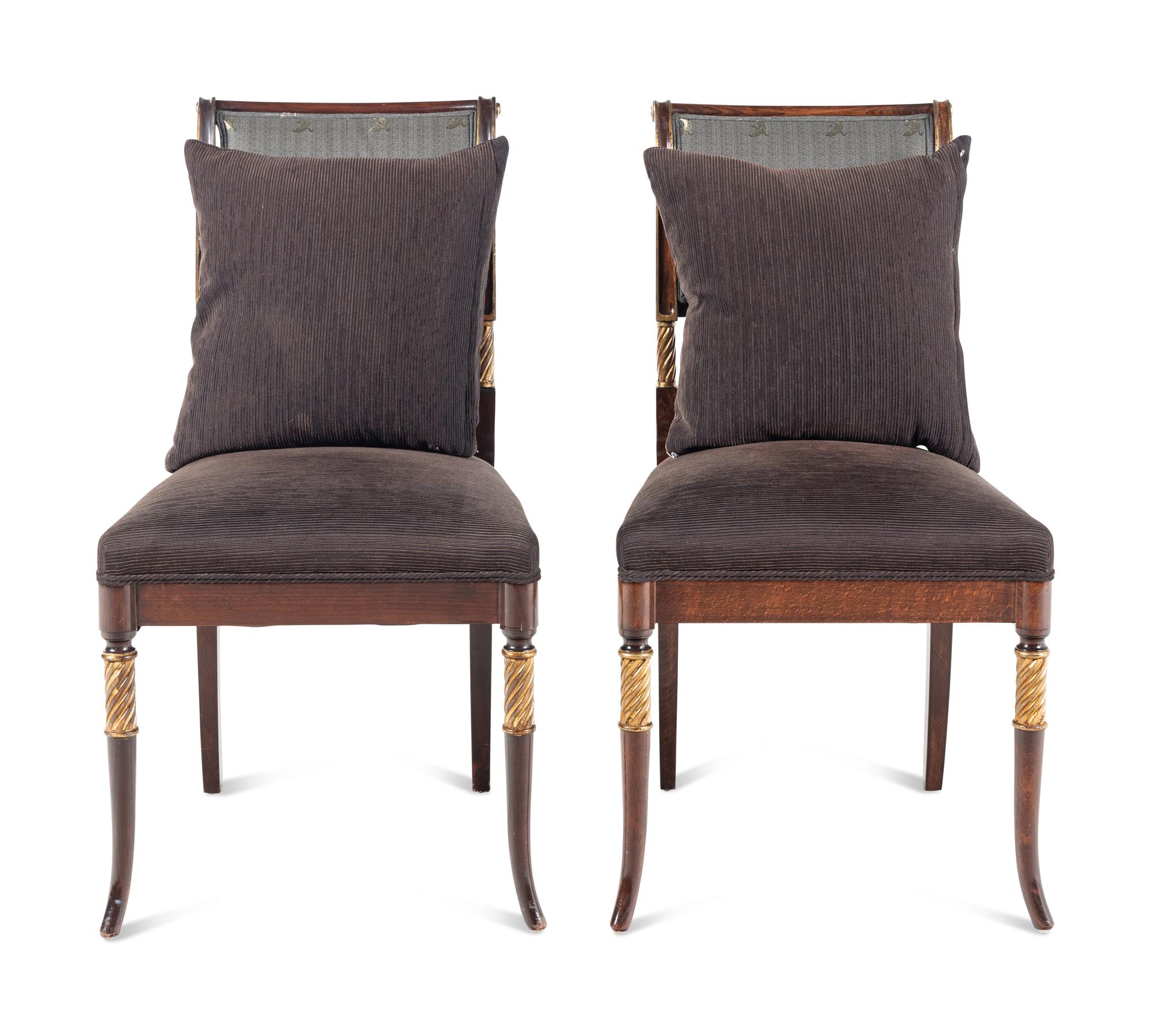 A Pair of Regency Style Parcel-Gilt Walnut Side Chairs