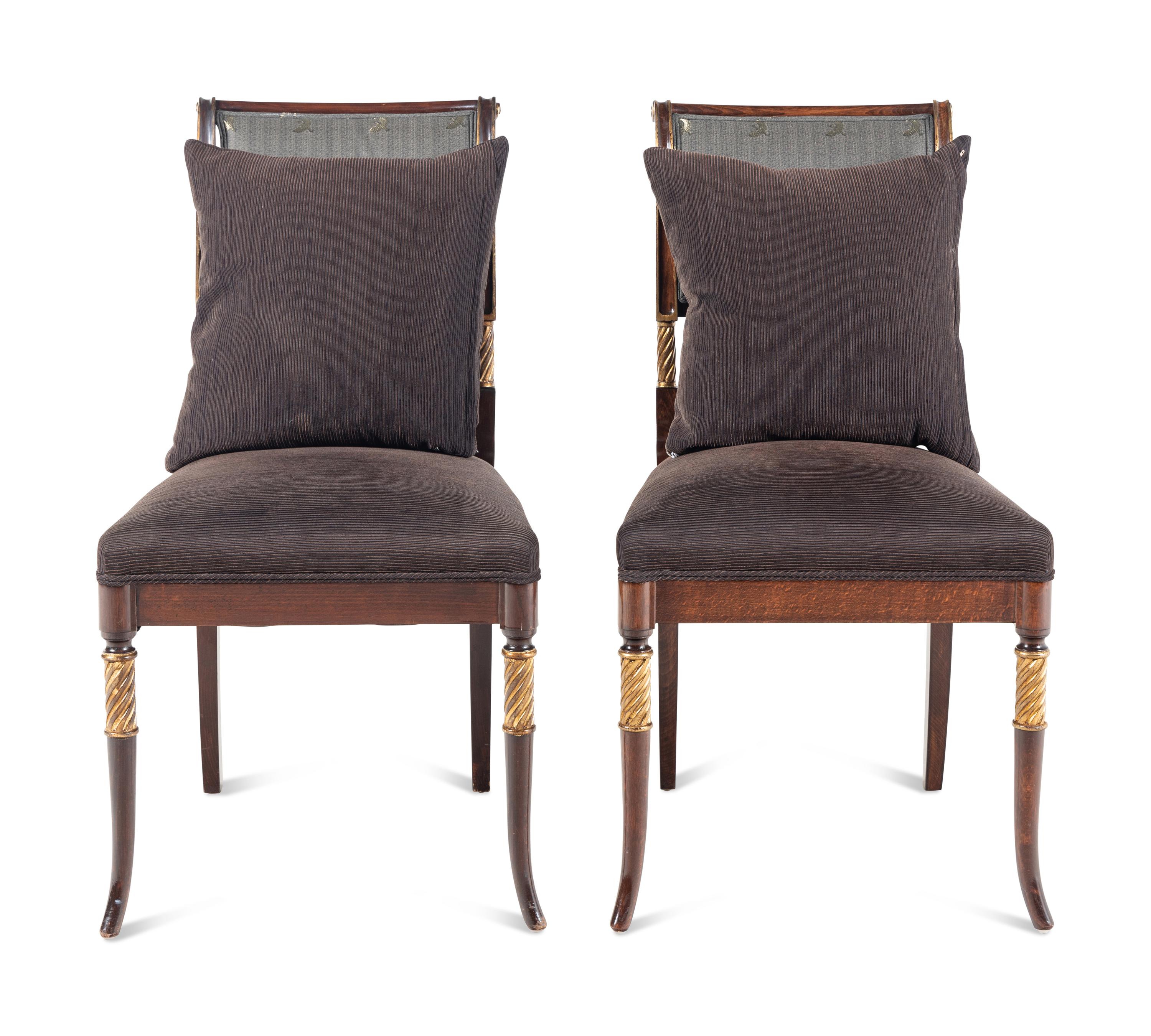A Pair of Regency Style Parcel-Gilt Walnut Side Chairs