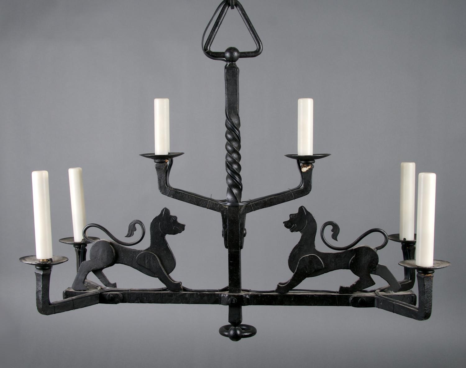 A French Wrought Iron Six-Light Chandelier, Width 27 inches.
