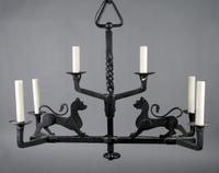 A French Wrought Iron Six-Light Chandelier, Width 27 inches.