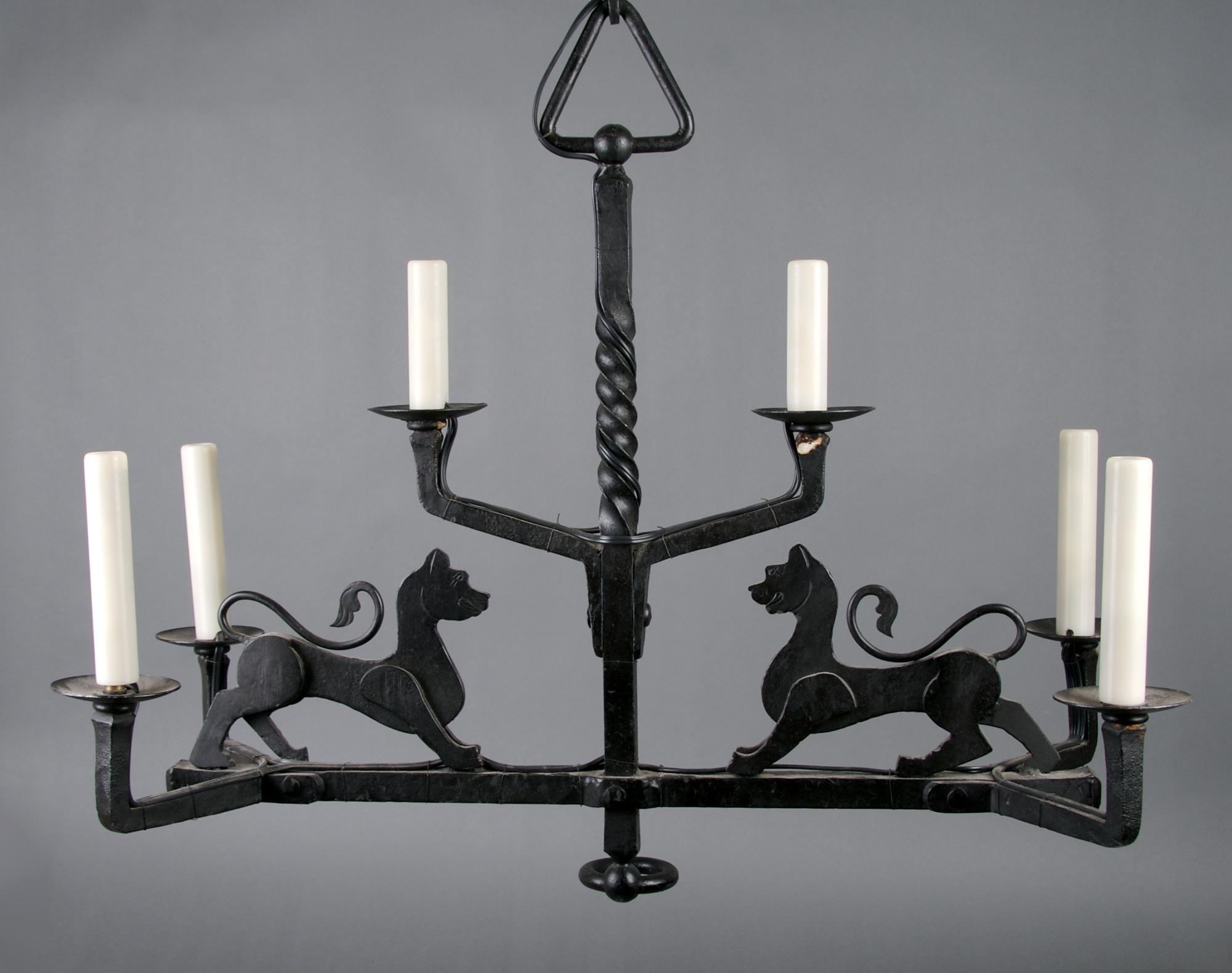 A French Wrought Iron Six-Light Chandelier, Width 27 inches.