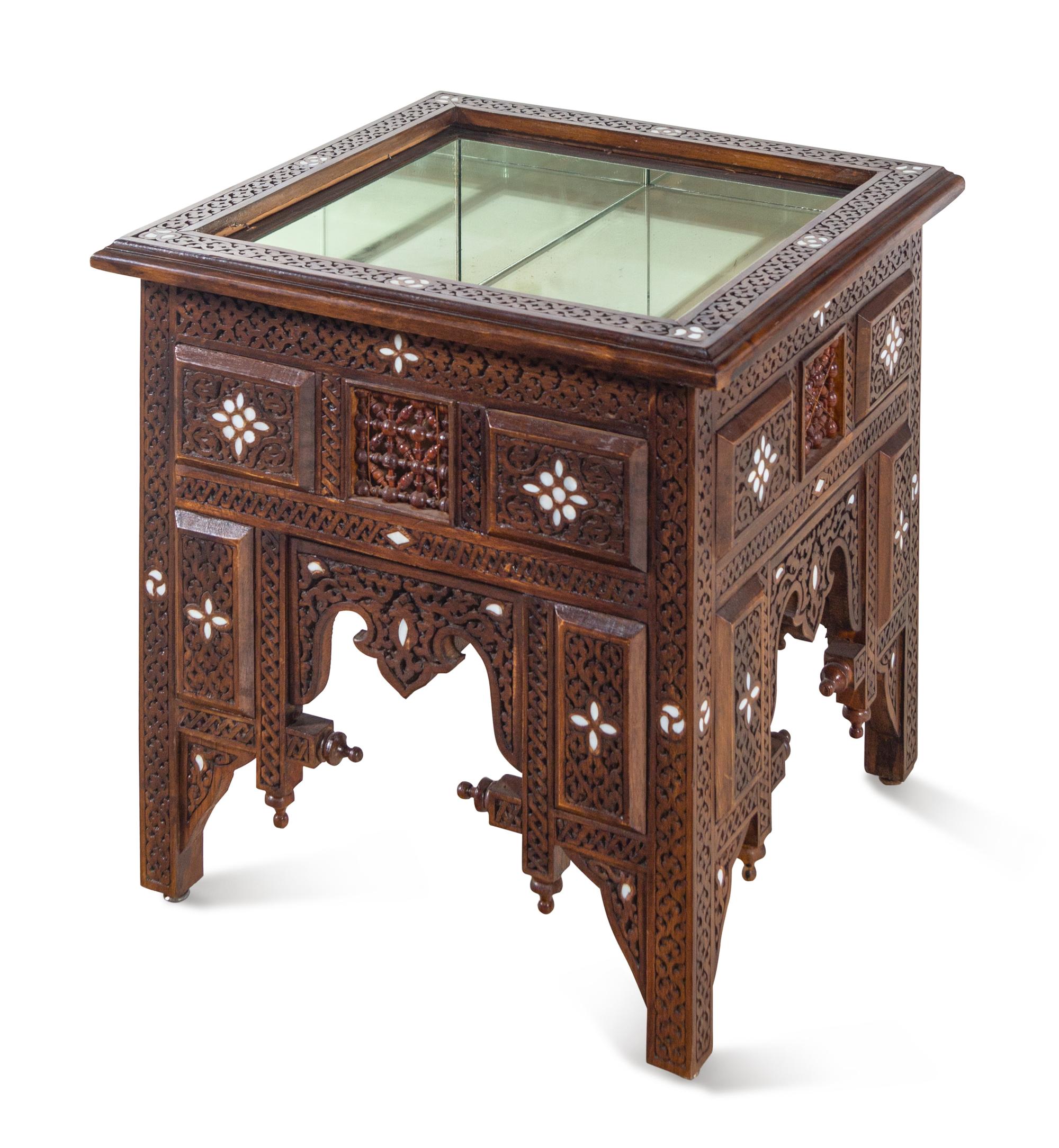 A Pair of Syrian Carved and Inlaid Walnut Low Vitrine Tables