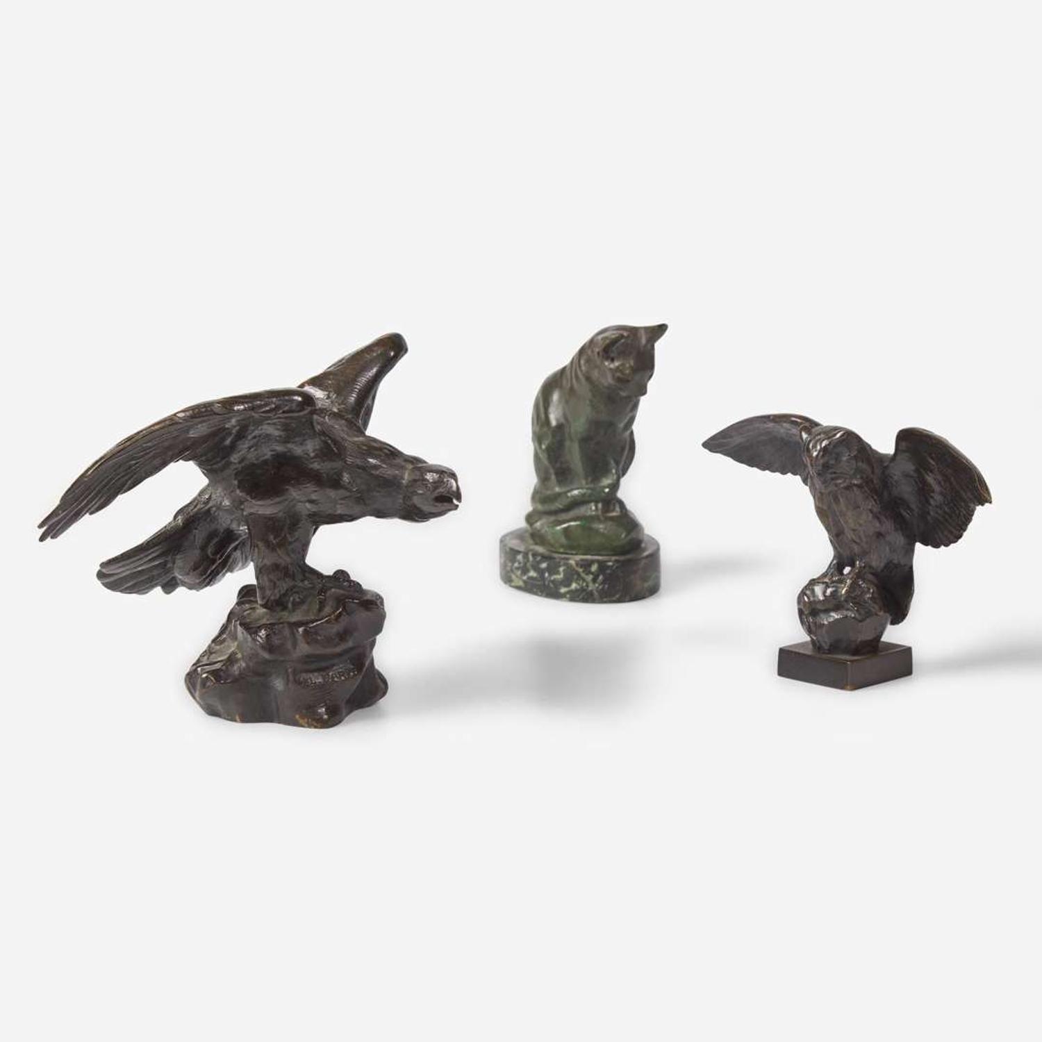 Antoine-Louis Barye (French, 1795-1875) Three Small Works: Eagle with Outstretched Wings, Owl Hunting Rat, and Seated Cat, Cast by Ferdinand Barbedienne (French, 1810-1892), late 19th century