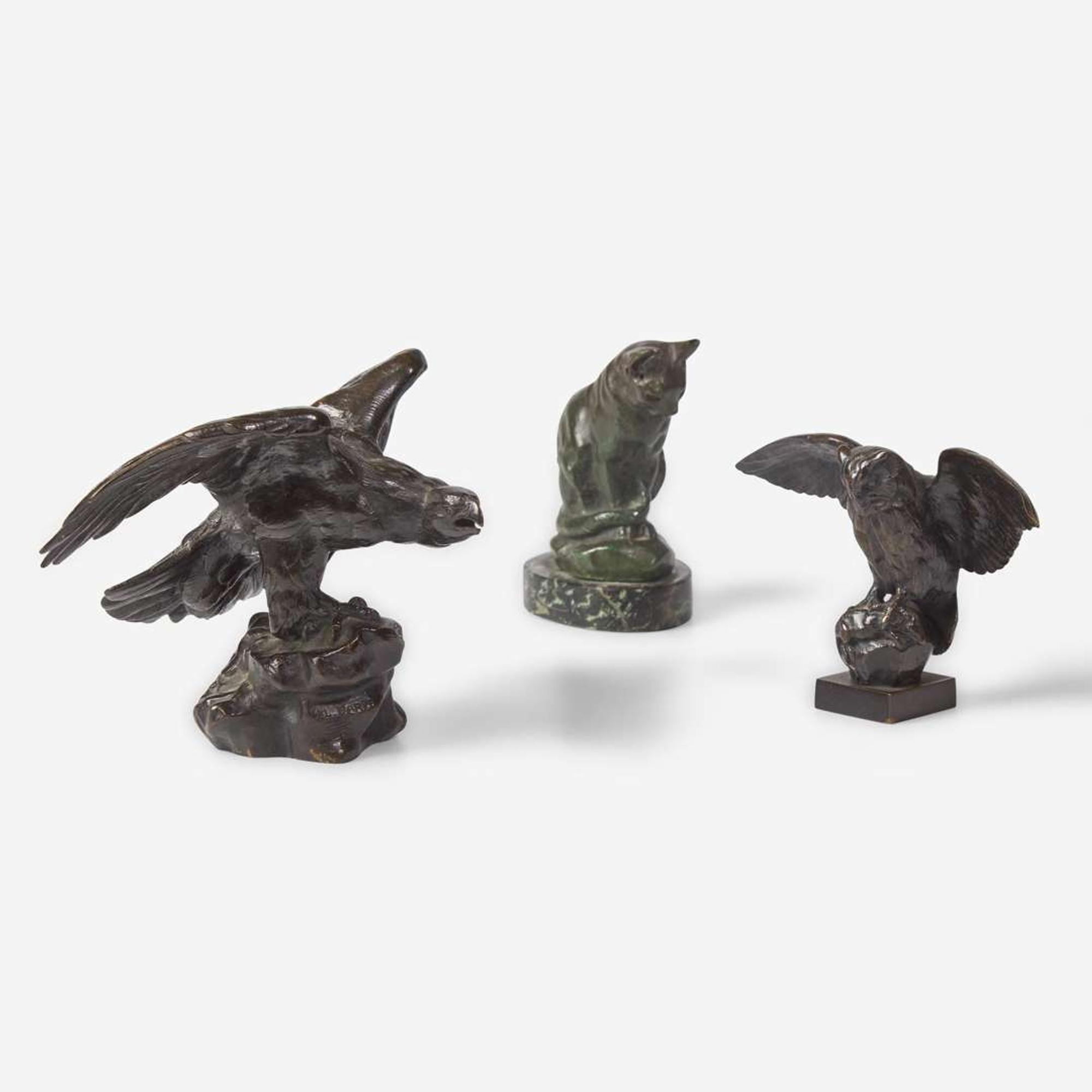 Antoine-Louis Barye (French, 1795-1875) Three Small Works: Eagle with Outstretched Wings, Owl Hunting Rat, and Seated Cat, Cast by Ferdinand Barbedienne (French, 1810-1892), late 19th century