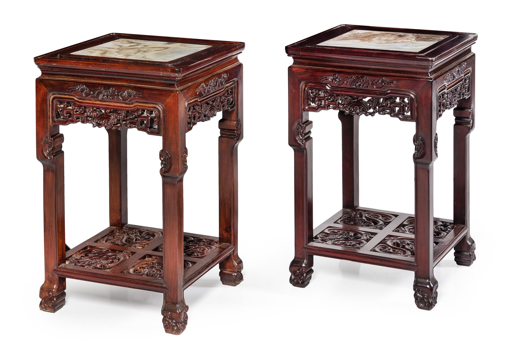 A Pair of Dreams Stone Inset Hongmu Side Stands Height 30 3/4 x width 19 x depth 19 inches. — 19TH CENTURY