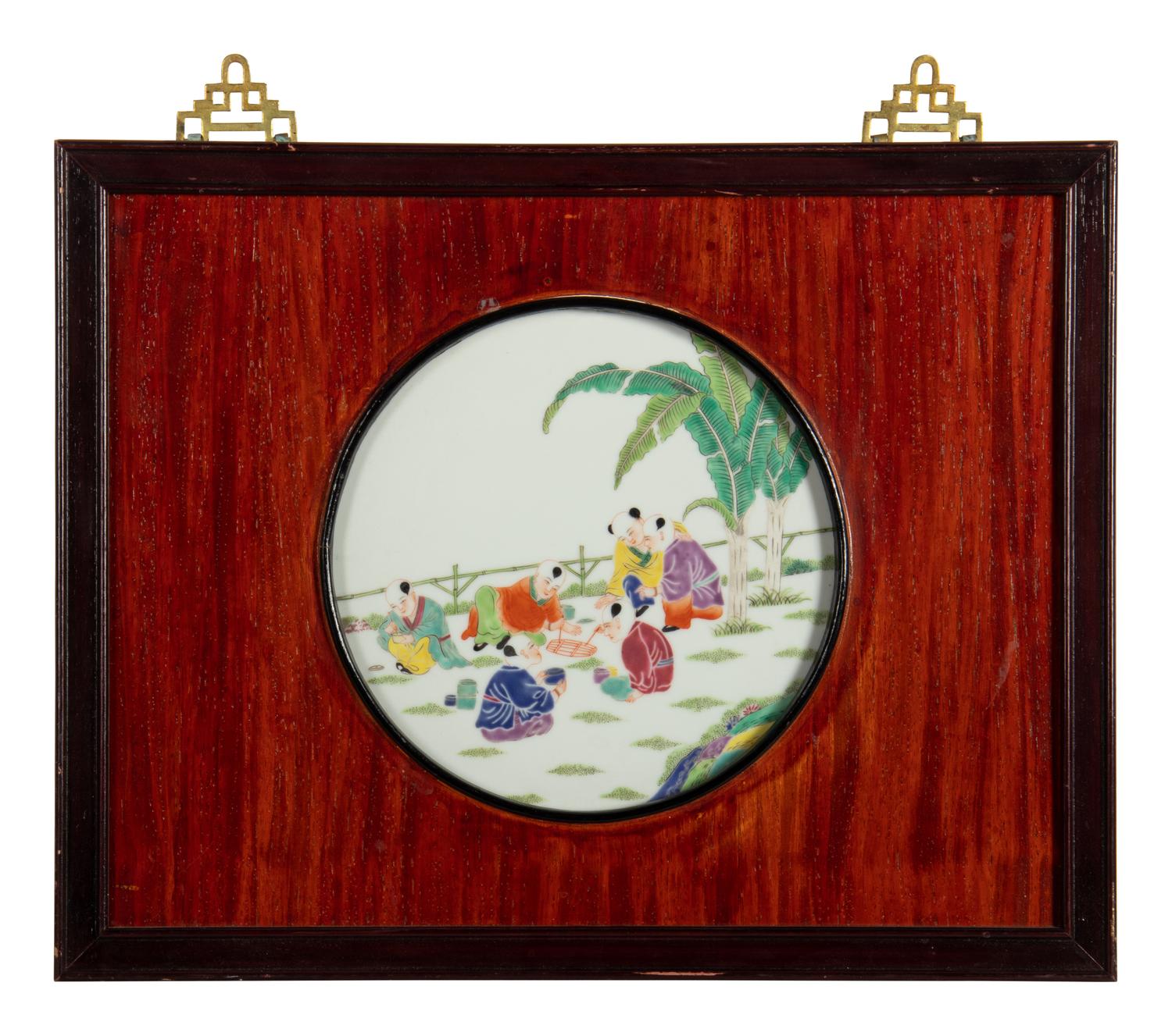 A Set of Four Chinese Famille Rose Porcelain Inset Hardwood Wall Panels