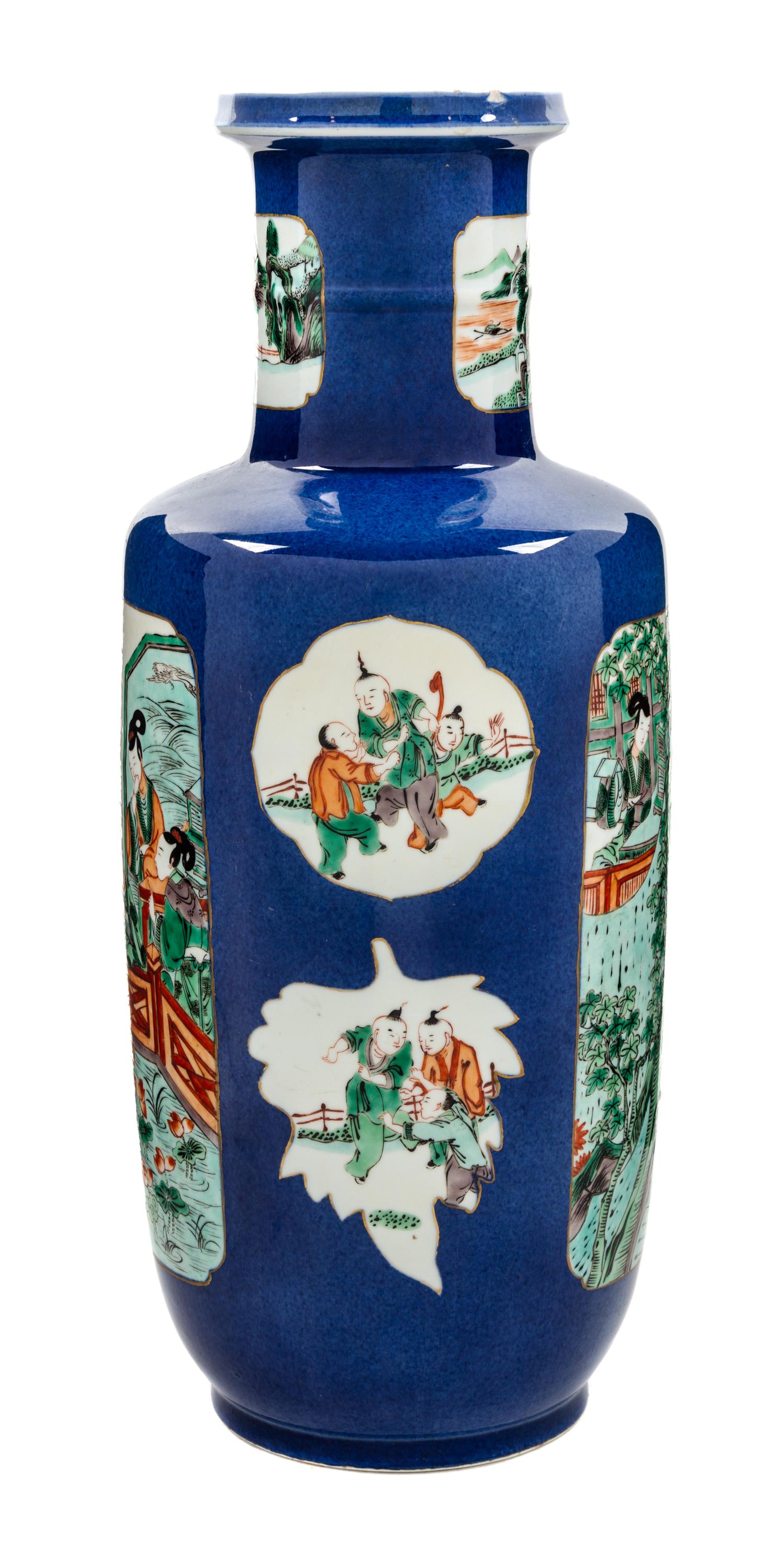 A Famille Verte and Powder Blue Porcelain Rouleau Vase