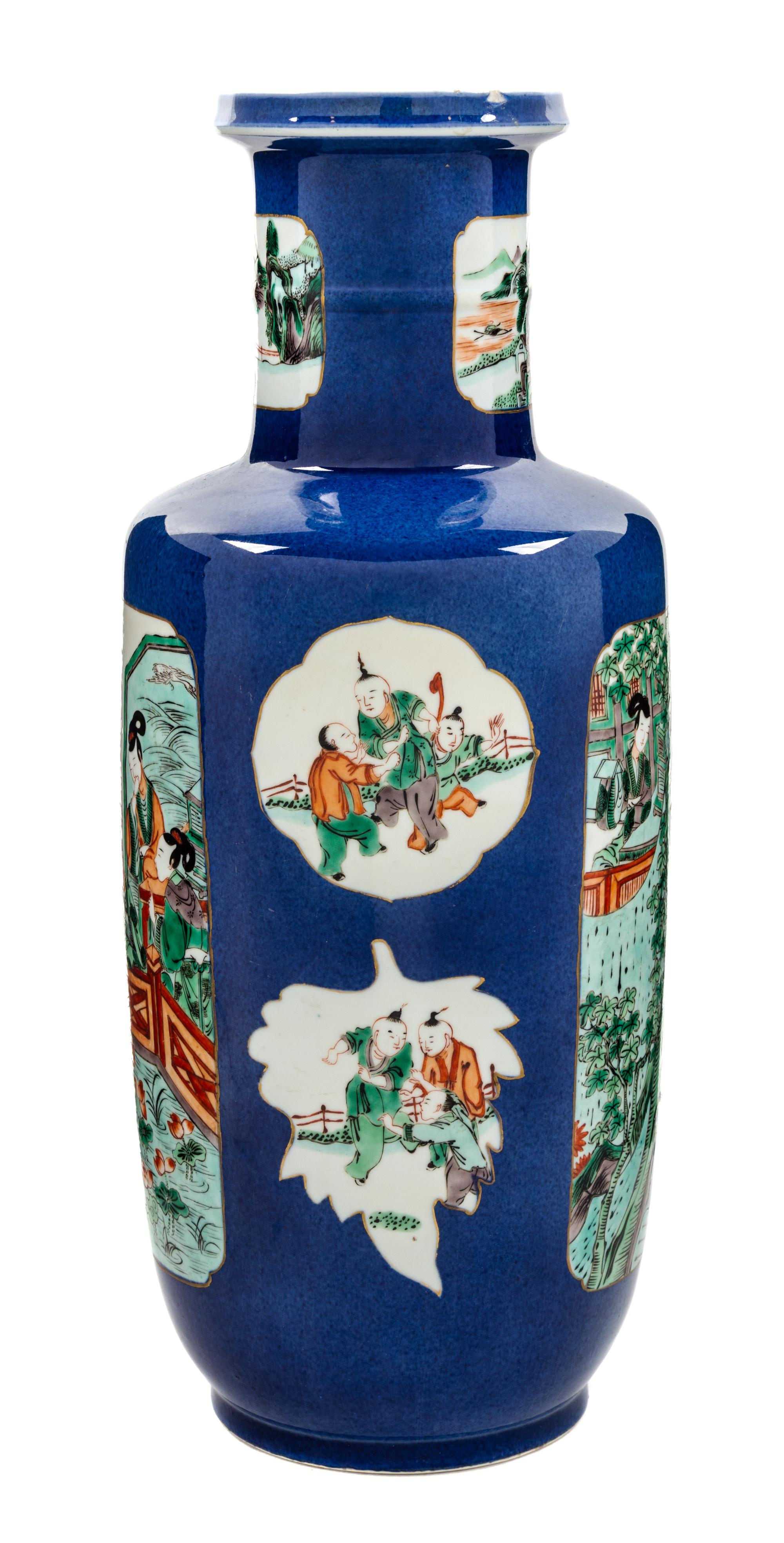 A Famille Verte and Powder Blue Porcelain Rouleau Vase