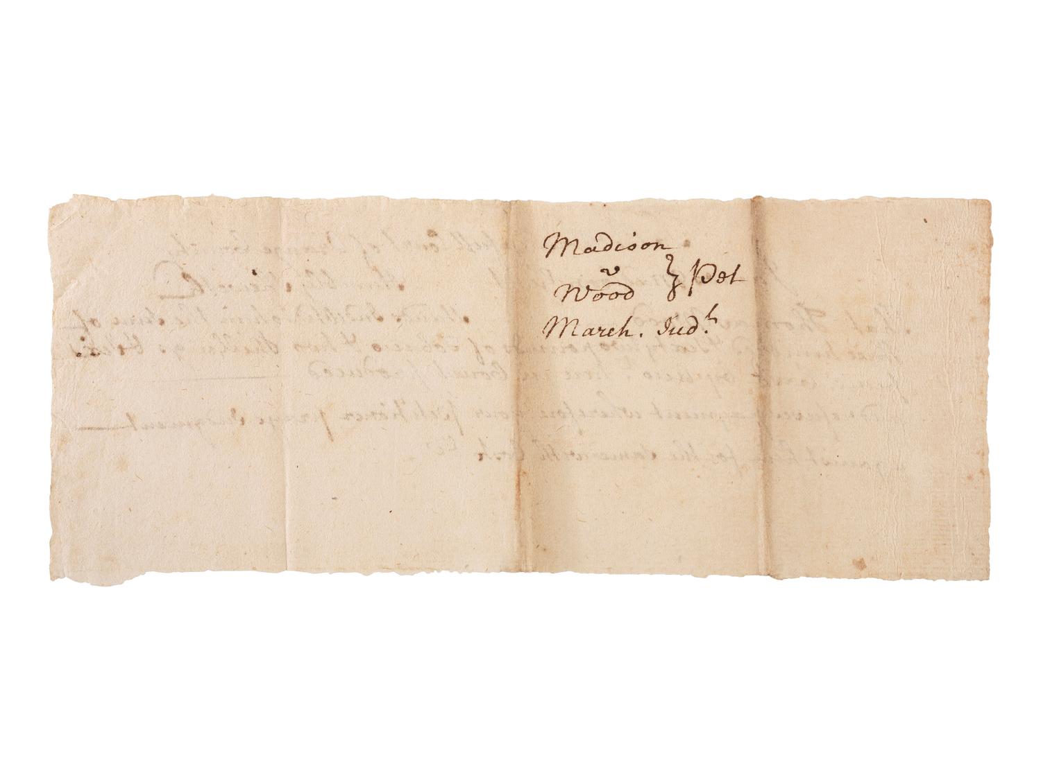 [MADISON, James, Sr. (1723-1801)]. Manuscript court document referencing a debt owed to Col. James Madison, Sr., father of President James Madison. [Orange County, VA], n.d.
