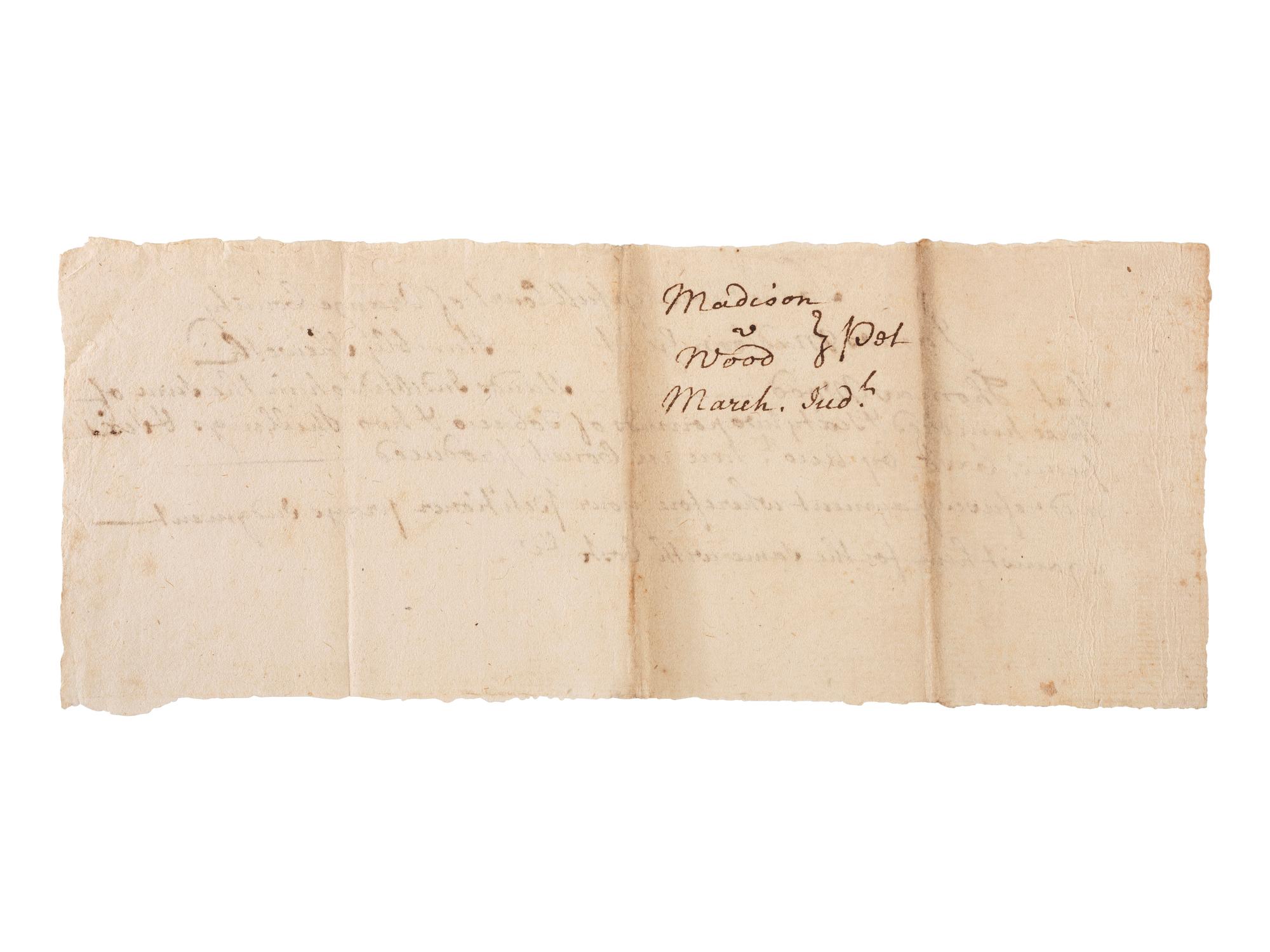 [MADISON, James, Sr. (1723-1801)]. Manuscript court document referencing a debt owed to Col. James Madison, Sr., father of President James Madison. [Orange County, VA], n.d.