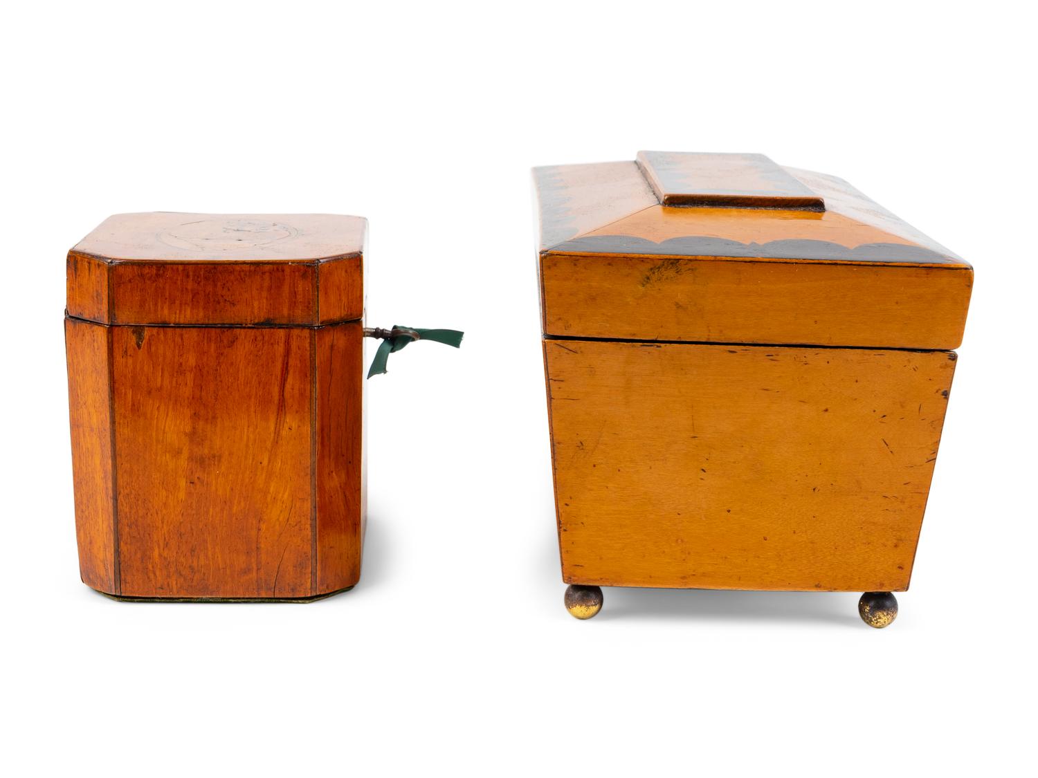 Two English Walnut Marquetry Tea Caddies — CIRCA 1825