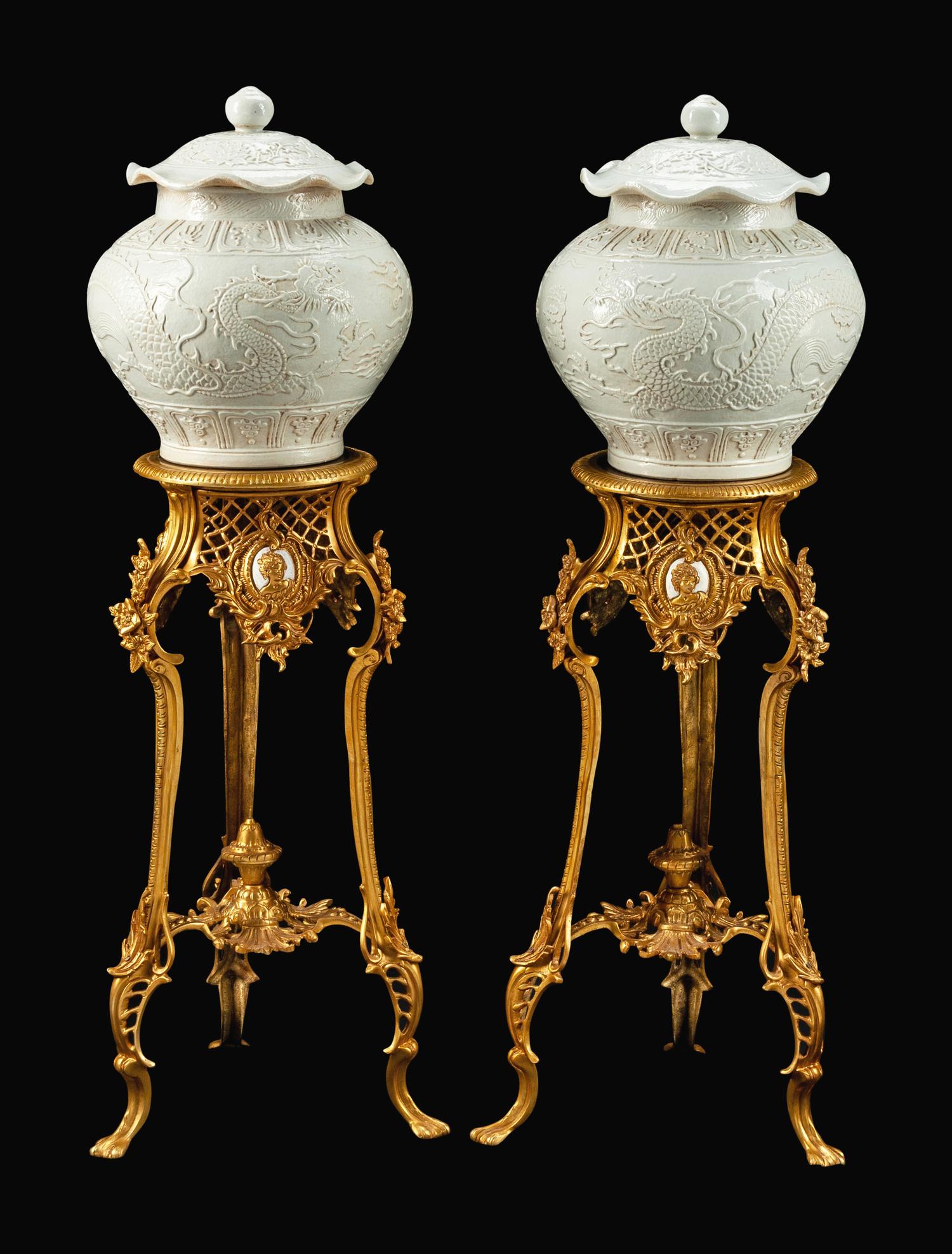 A Pair of Chinese Blanc de Chine Porcelain Covered Bowls on Gilt-Bronze Stands