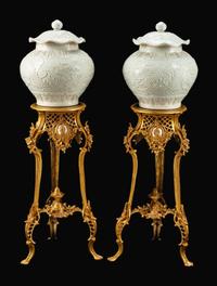 A Pair of Chinese Blanc de Chine Porcelain Covered Bowls on Gilt-Bronze Stands