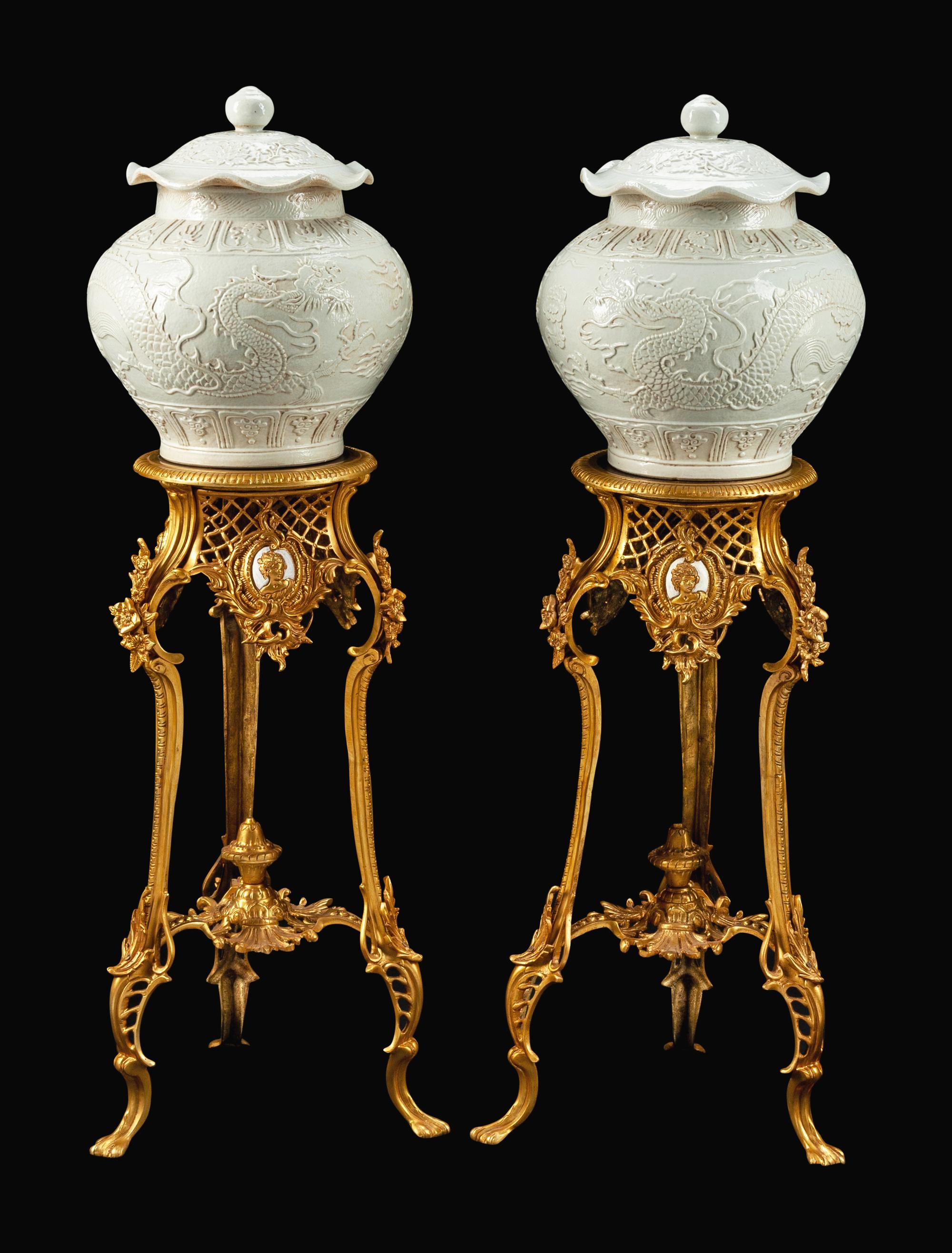 A Pair of Chinese Blanc de Chine Porcelain Covered Bowls on Gilt-Bronze Stands