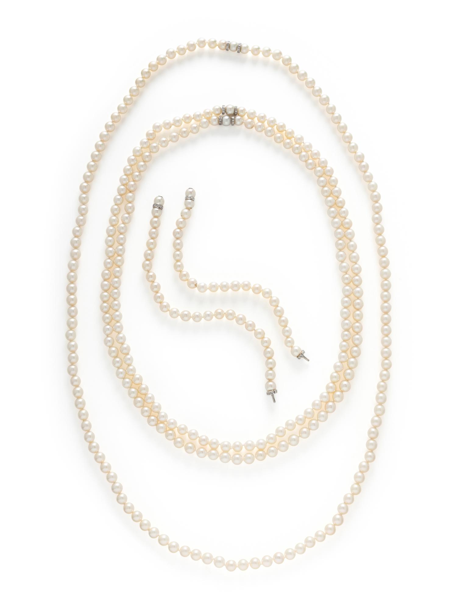 THREE CULTURED PEARL AND DIAMOND NECKLACES WITH TWO BRACELETS