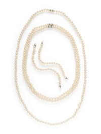 THREE CULTURED PEARL AND DIAMOND NECKLACES WITH TWO BRACELETS