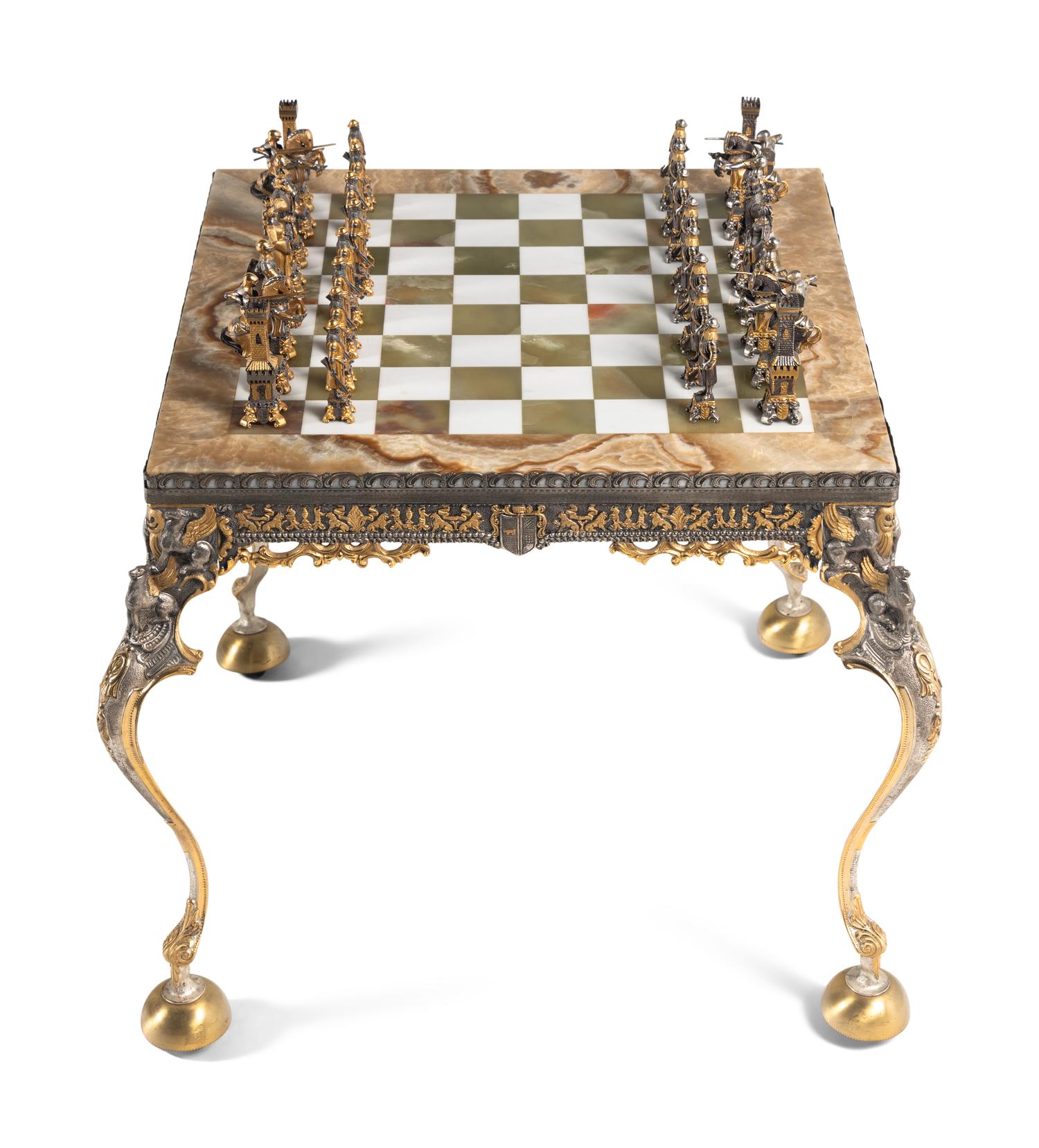 A Piero Benzoni Gilt Bronze, Silver-Plate and Onyx Chess Set
