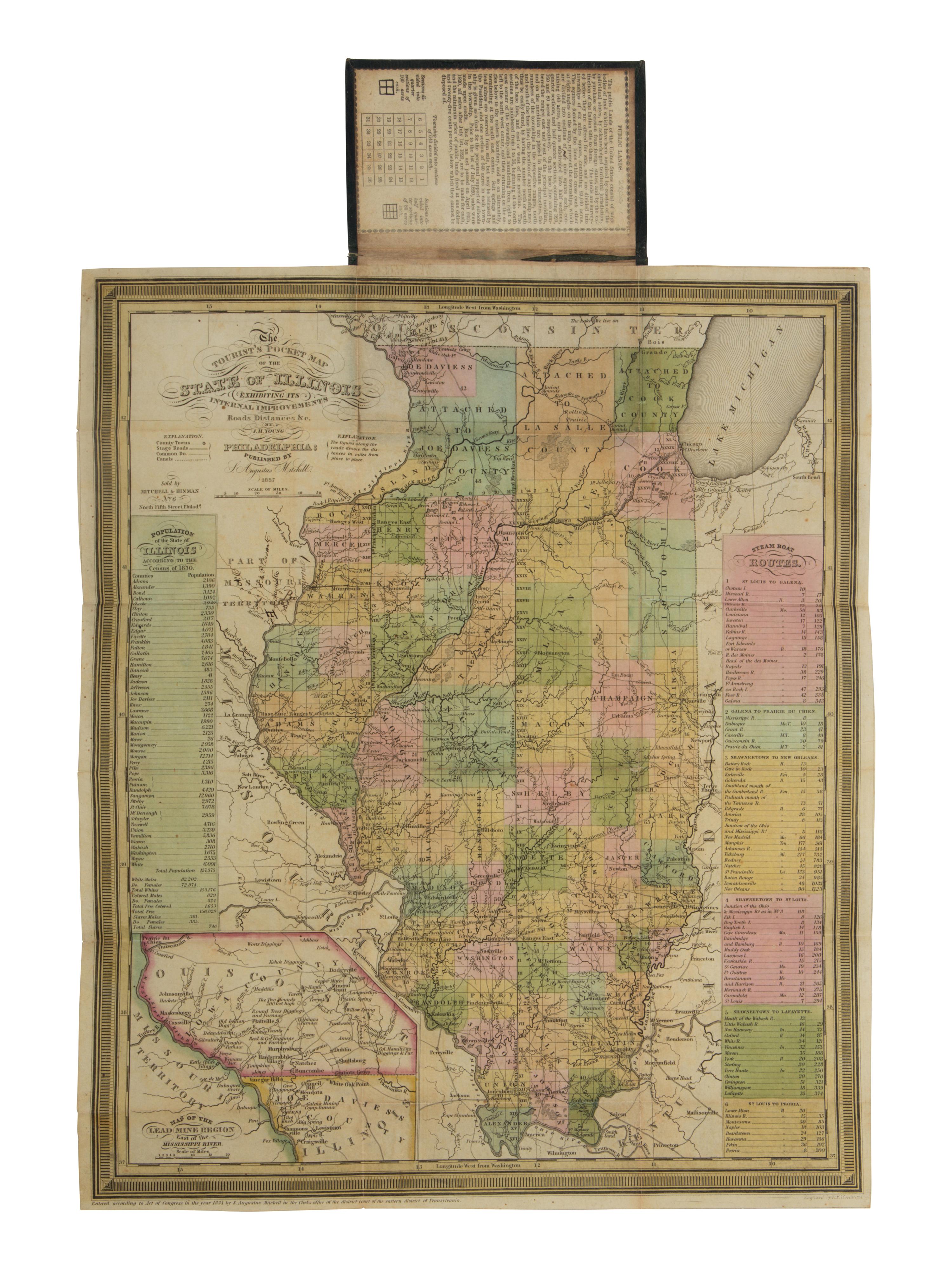 [Americana] Mitchell, Samuel Augustus. The Tourist’s Pocket Map of the State of Illinois Exhibiting its Internal Improvements, Roads, Distances &c .