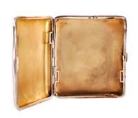A German Enameled Silver Cigarette Case, Late 19th/Early 20th Century, the guilloche enamel decorated lid centered by a roundel depicti