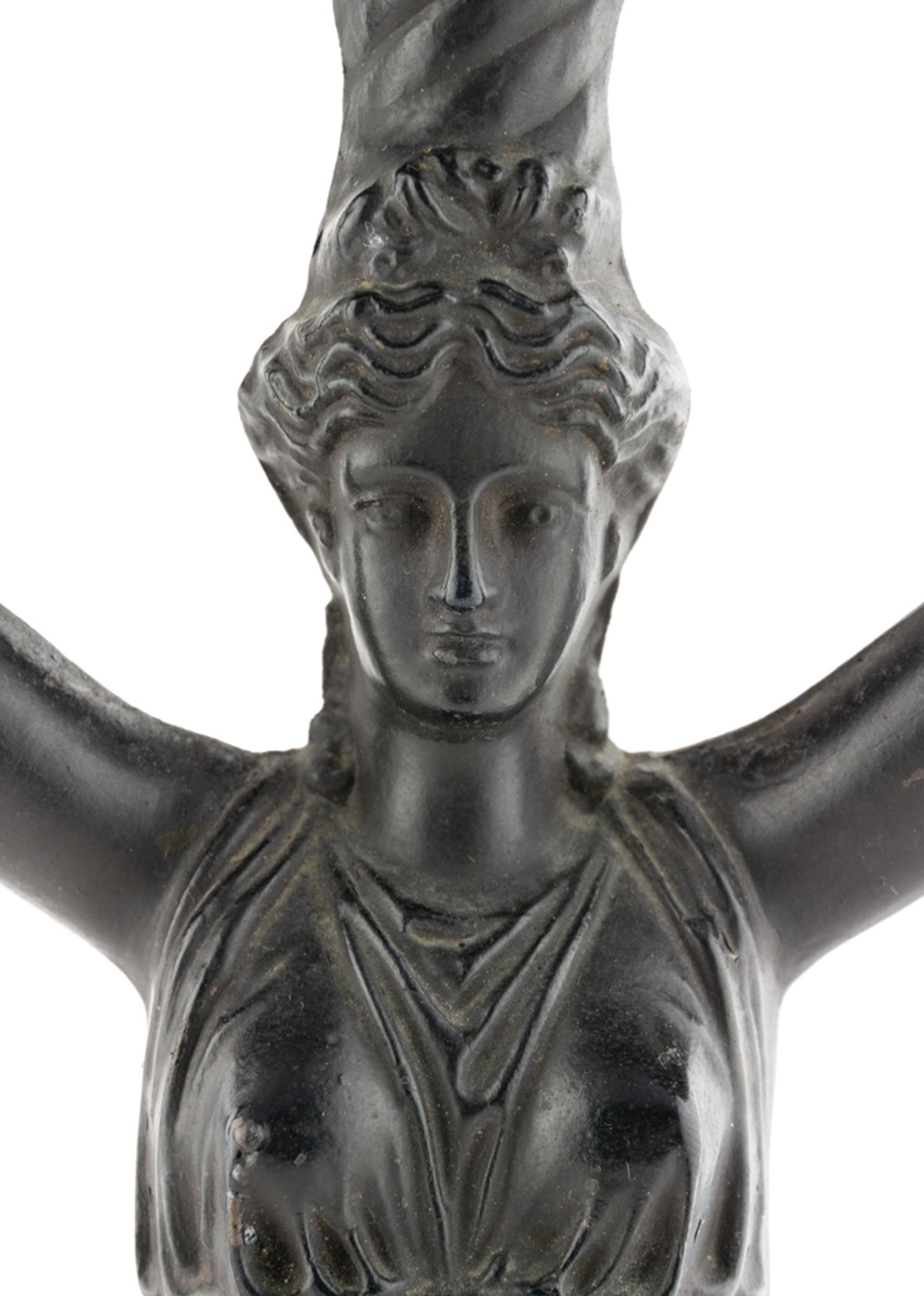 A Pair of Empire Style Parcel Gilt and Patinated Metal Six-Light Candelabra