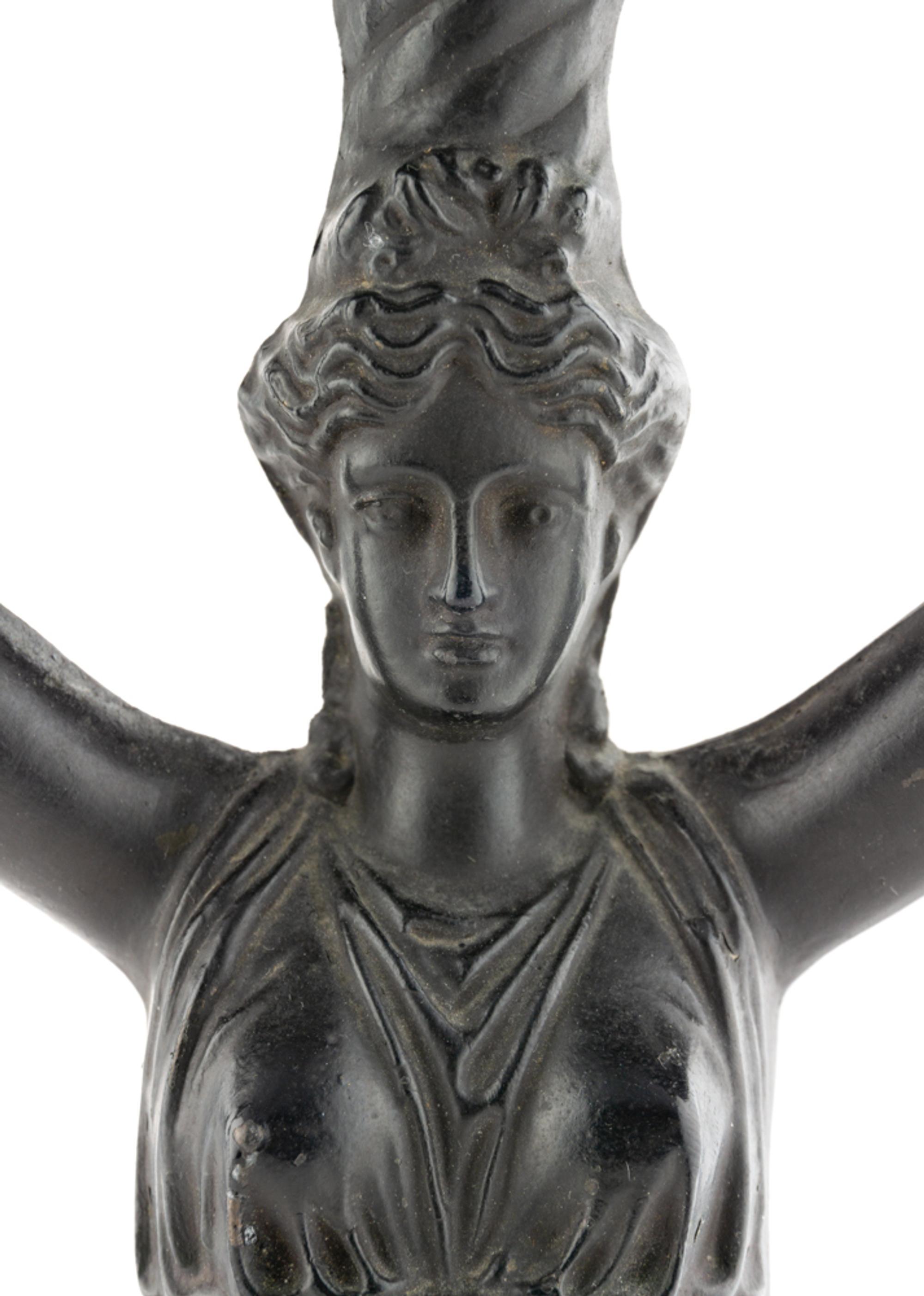 A Pair of Empire Style Parcel Gilt and Patinated Metal Six-Light Candelabra