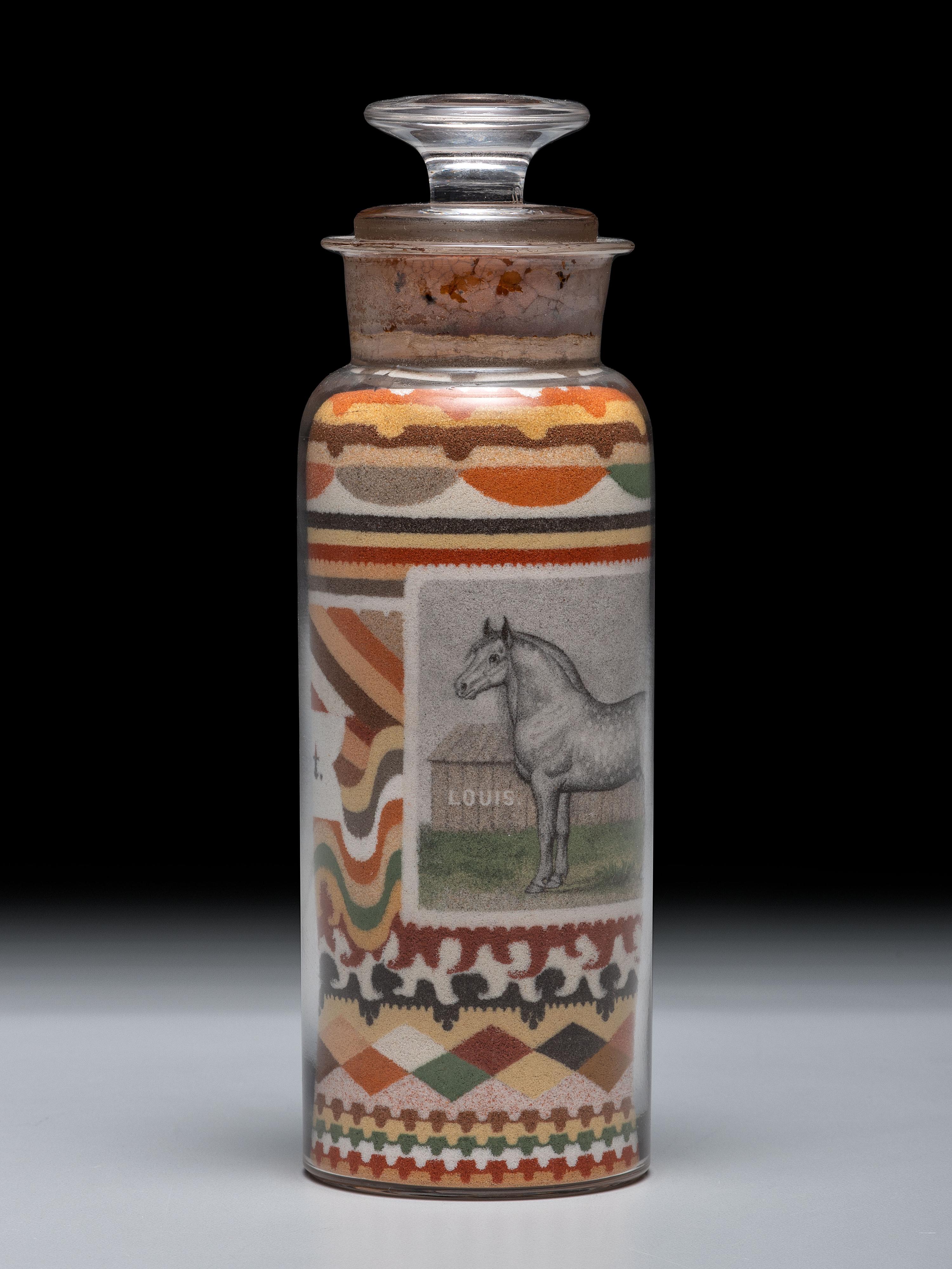 An Andrew Clemens (American, 1857-1894) Labeled Sand Bottle with Percheron Horse