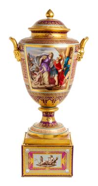 A Vienna Porcelain Covered Urn on Stand Height overall 24 1/4 inches. — 19TH CENTURY