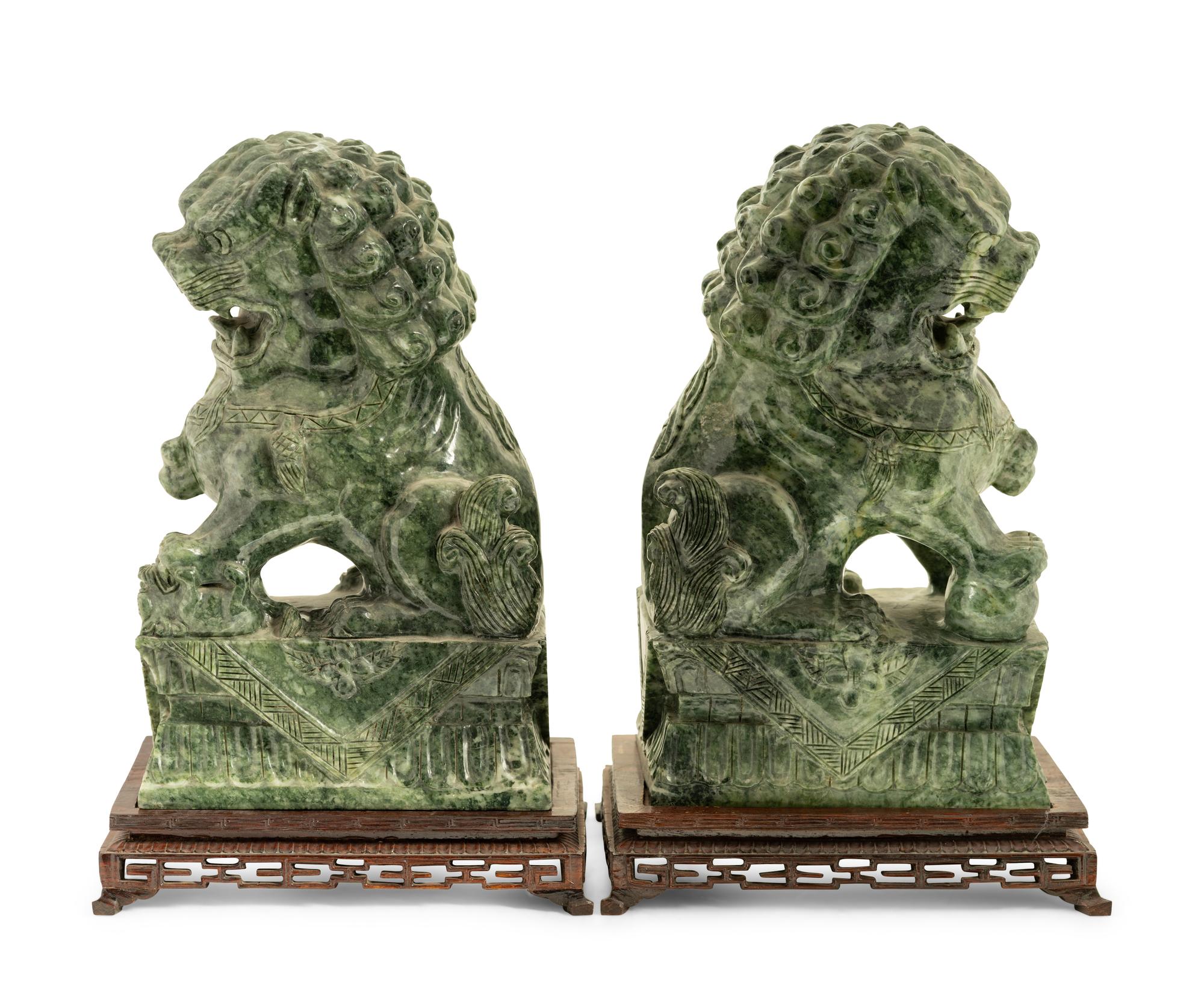 A Pair of Chinese Export Carved Hardstone Temple Guardians