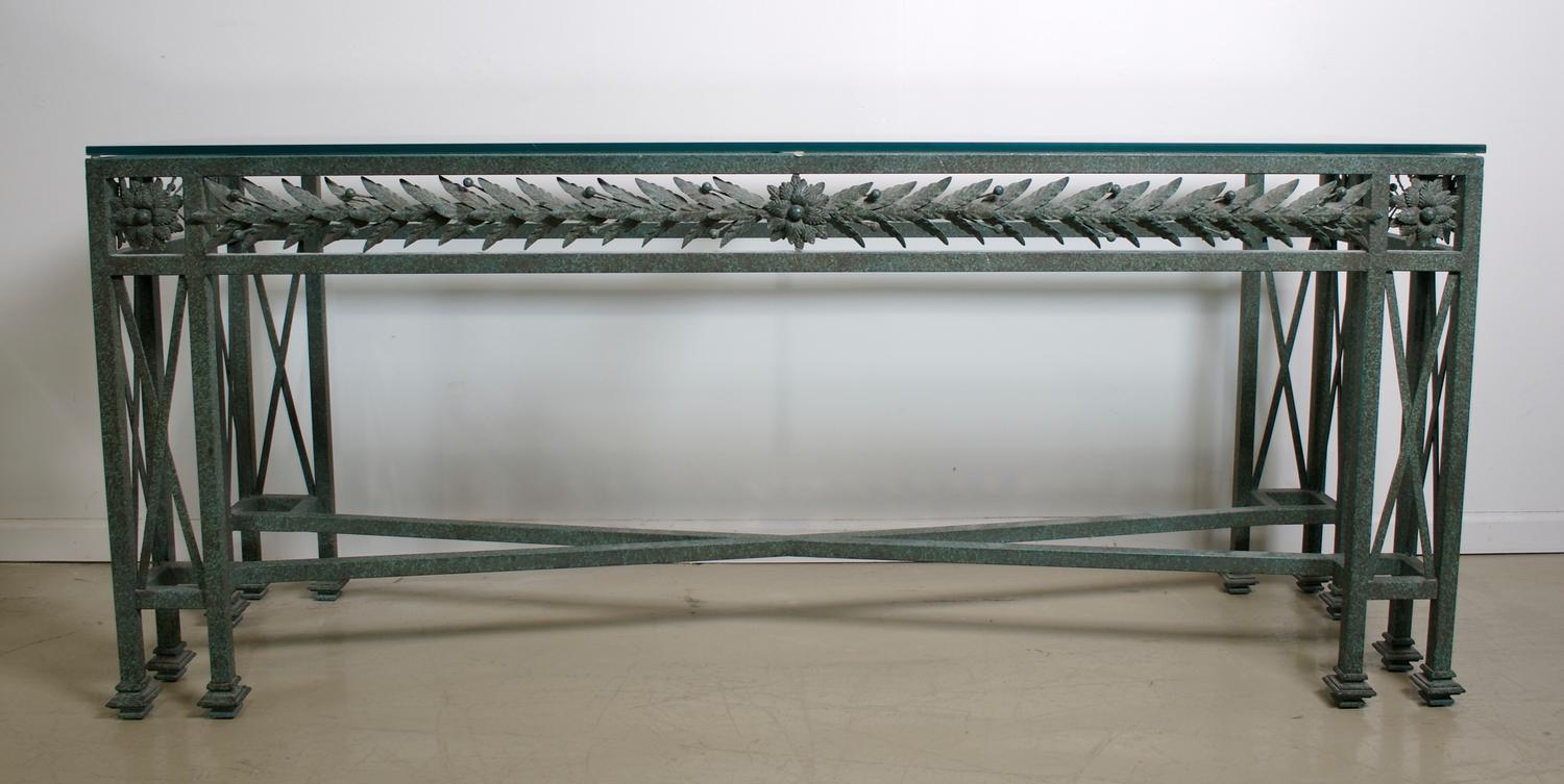 A Neoclassical Style Cast Metal Console Table, Height 30 1/2 x width 72 x depth 20 inches.