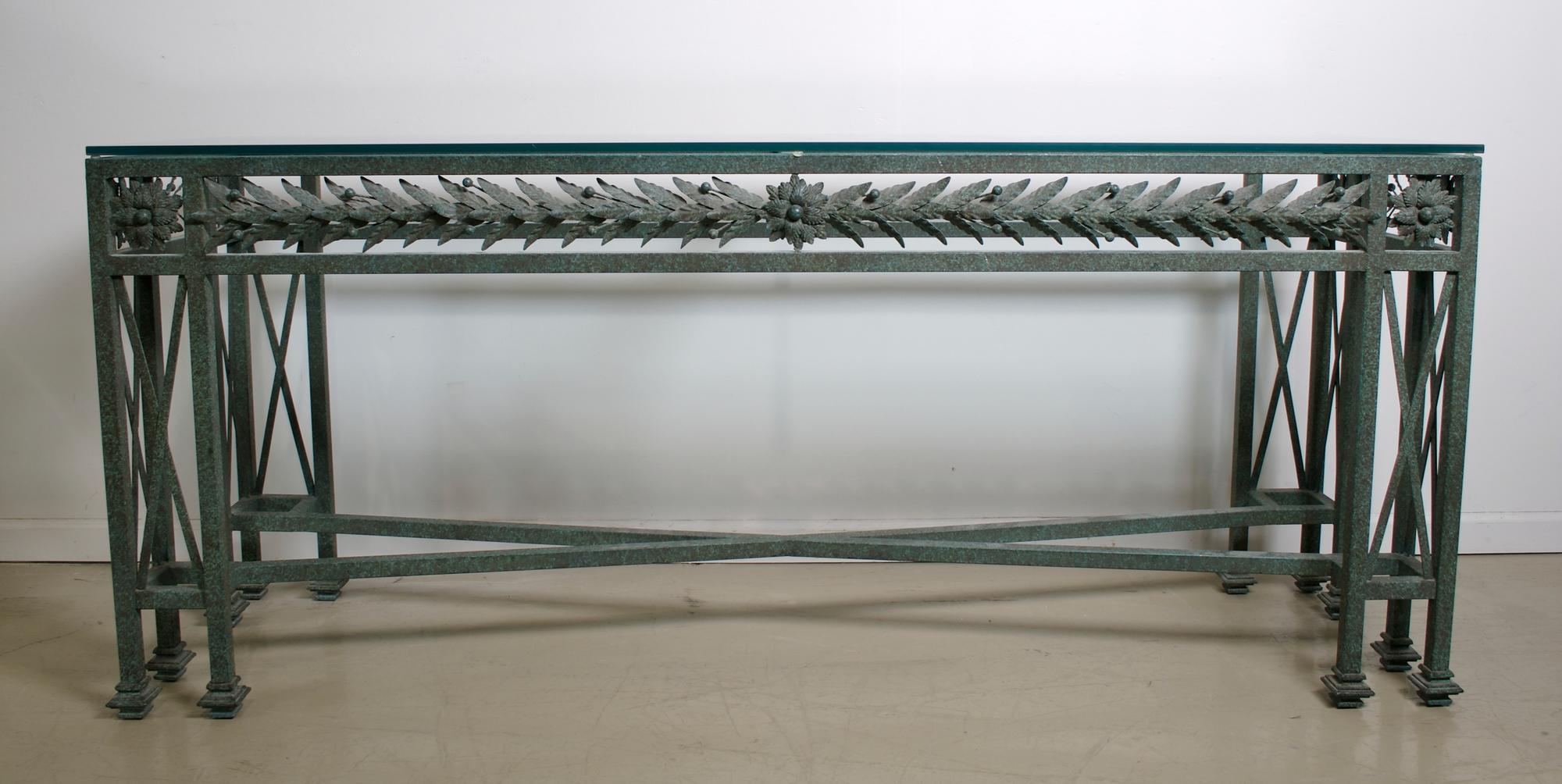A Neoclassical Style Cast Metal Console Table, Height 30 1/2 x width 72 x depth 20 inches.