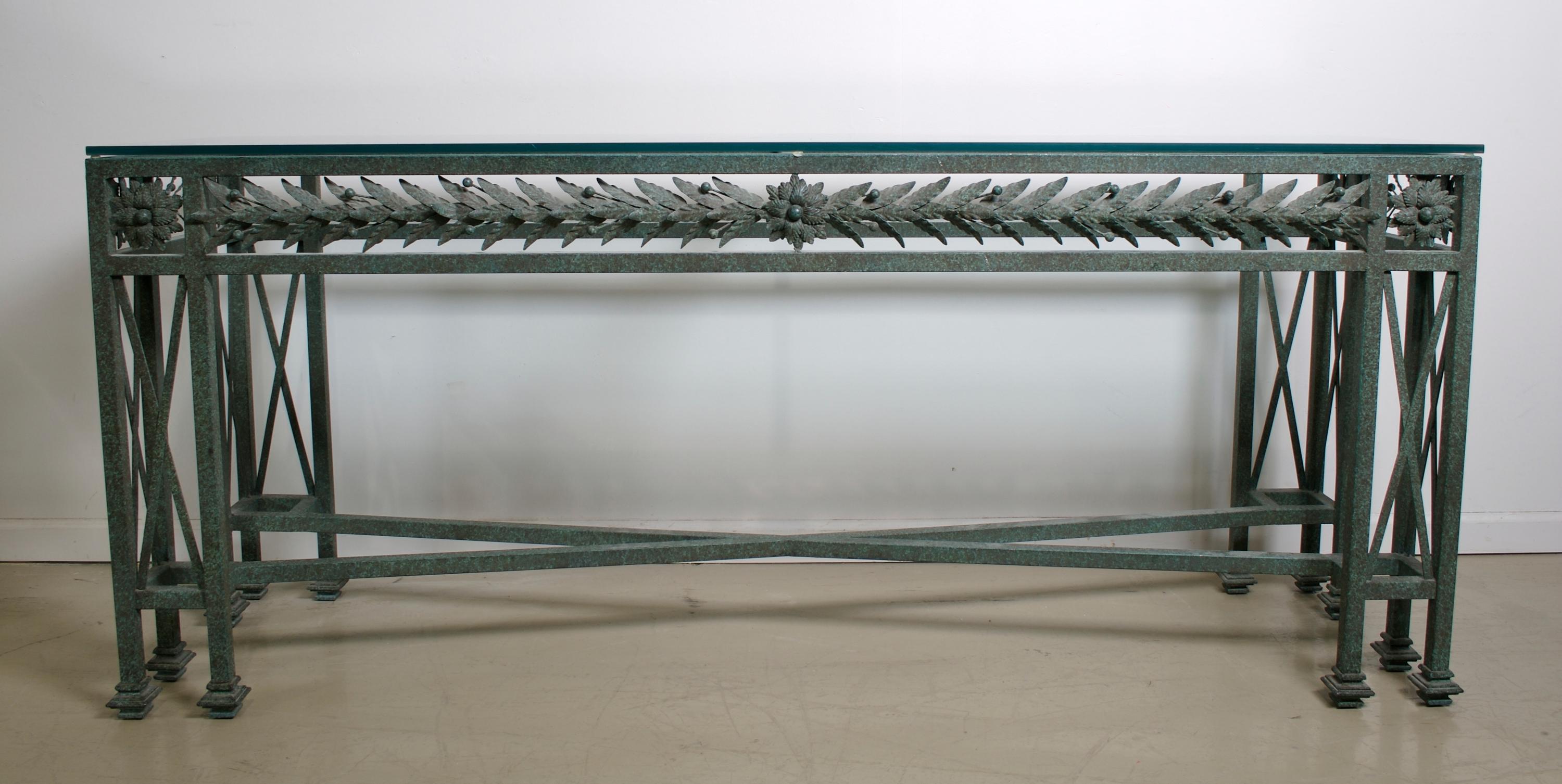 A Neoclassical Style Cast Metal Console Table, Height 30 1/2 x width 72 x depth 20 inches.