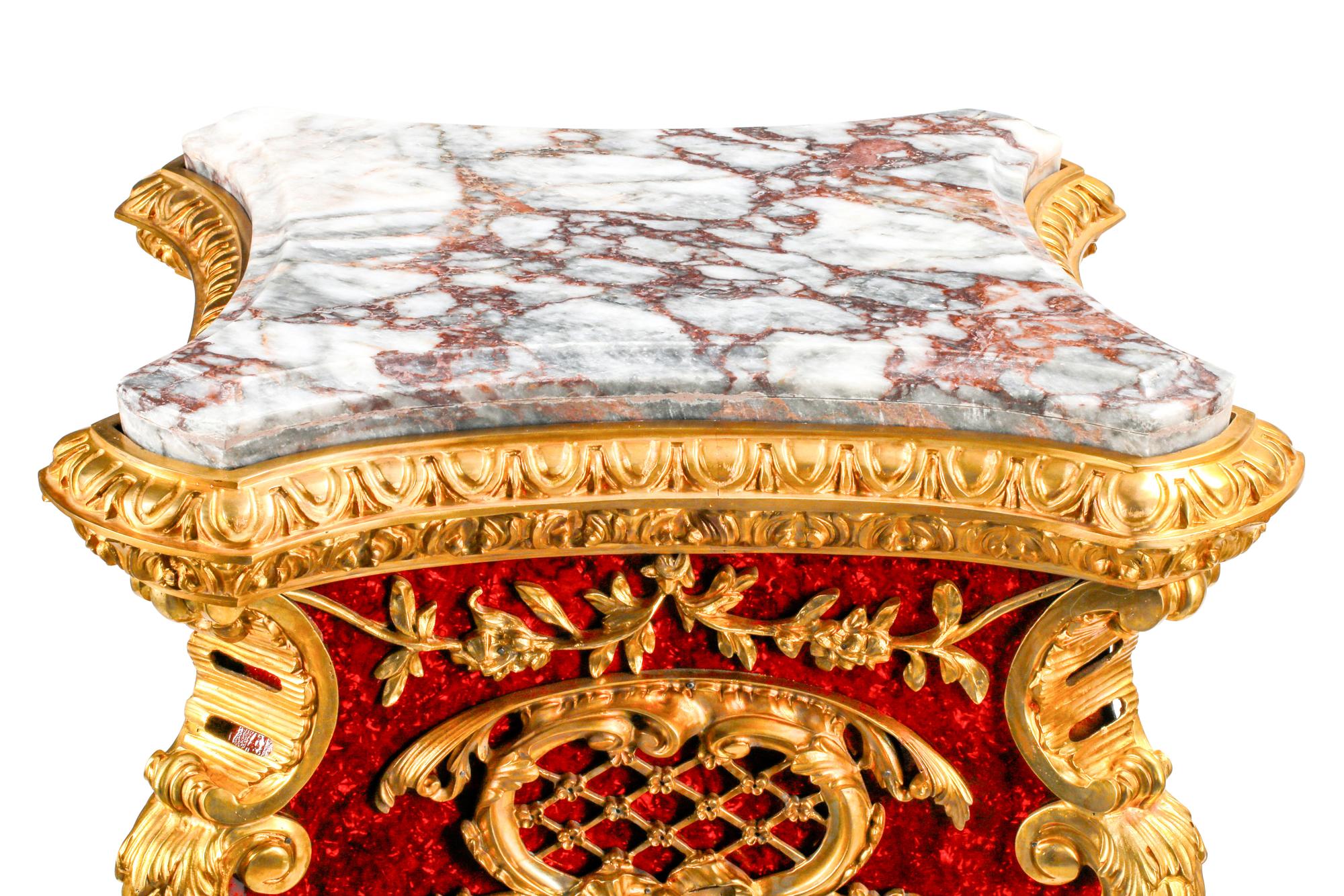A Pair of Louis XV Style Faux Tortoiseshell and Gilt Bronze Mounted Marble-Top Pedestals