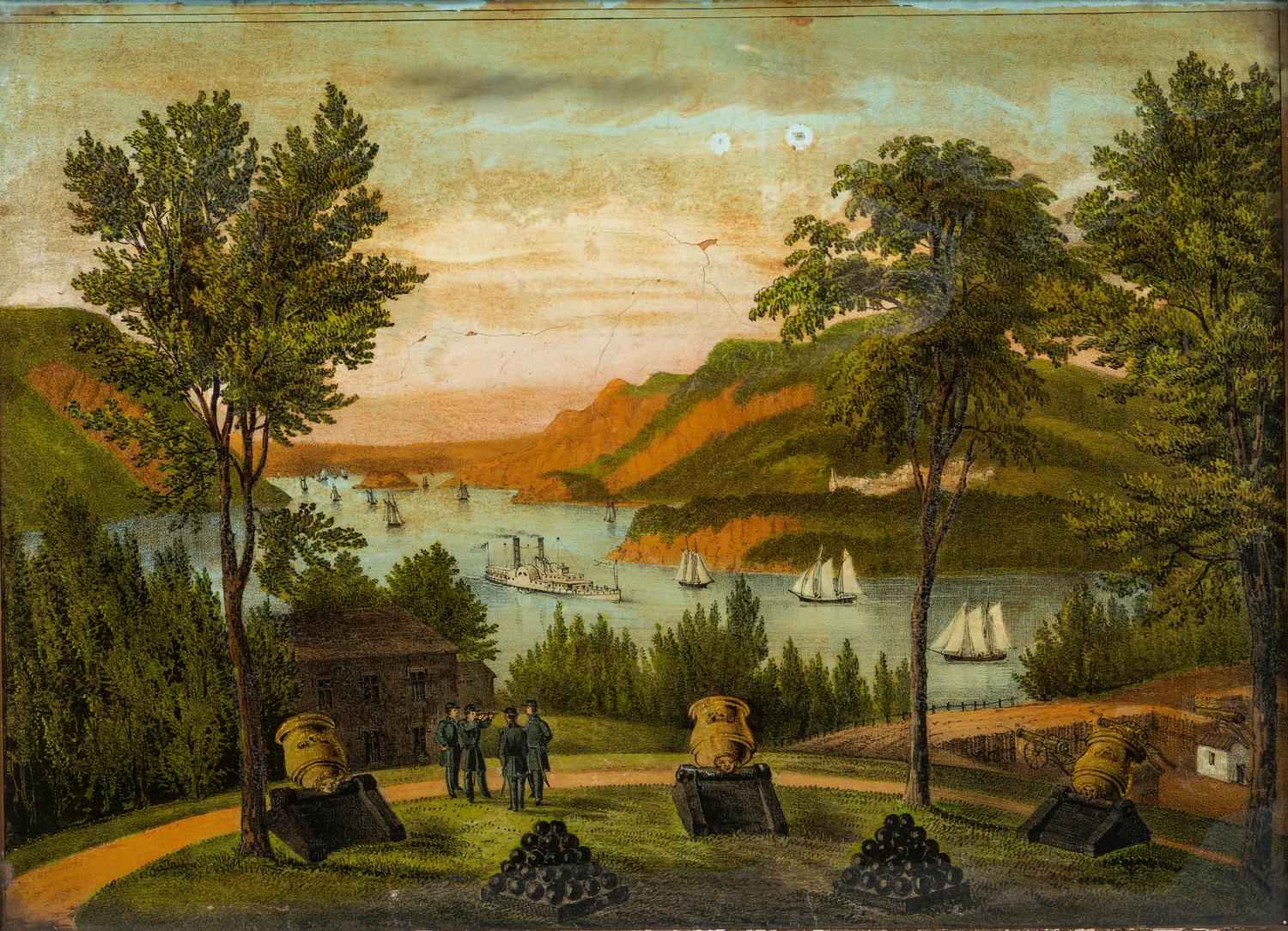 [AMERICANA]. View of the Hudson River from West Point with soldiers and cannons.
