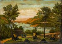 [AMERICANA]. View of the Hudson River from West Point with soldiers and cannons.