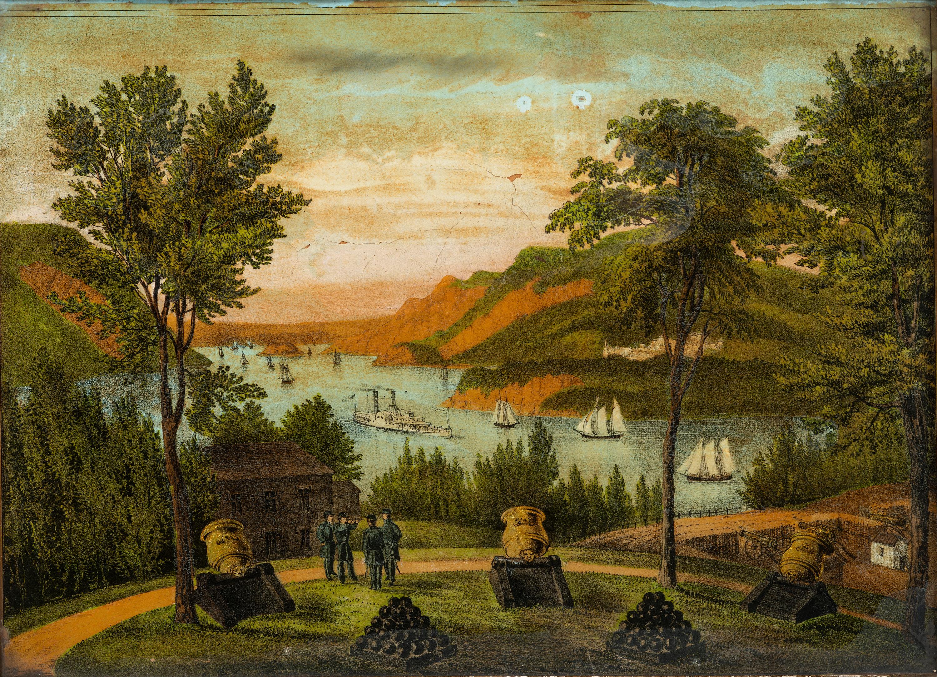 [AMERICANA]. View of the Hudson River from West Point with soldiers and cannons.