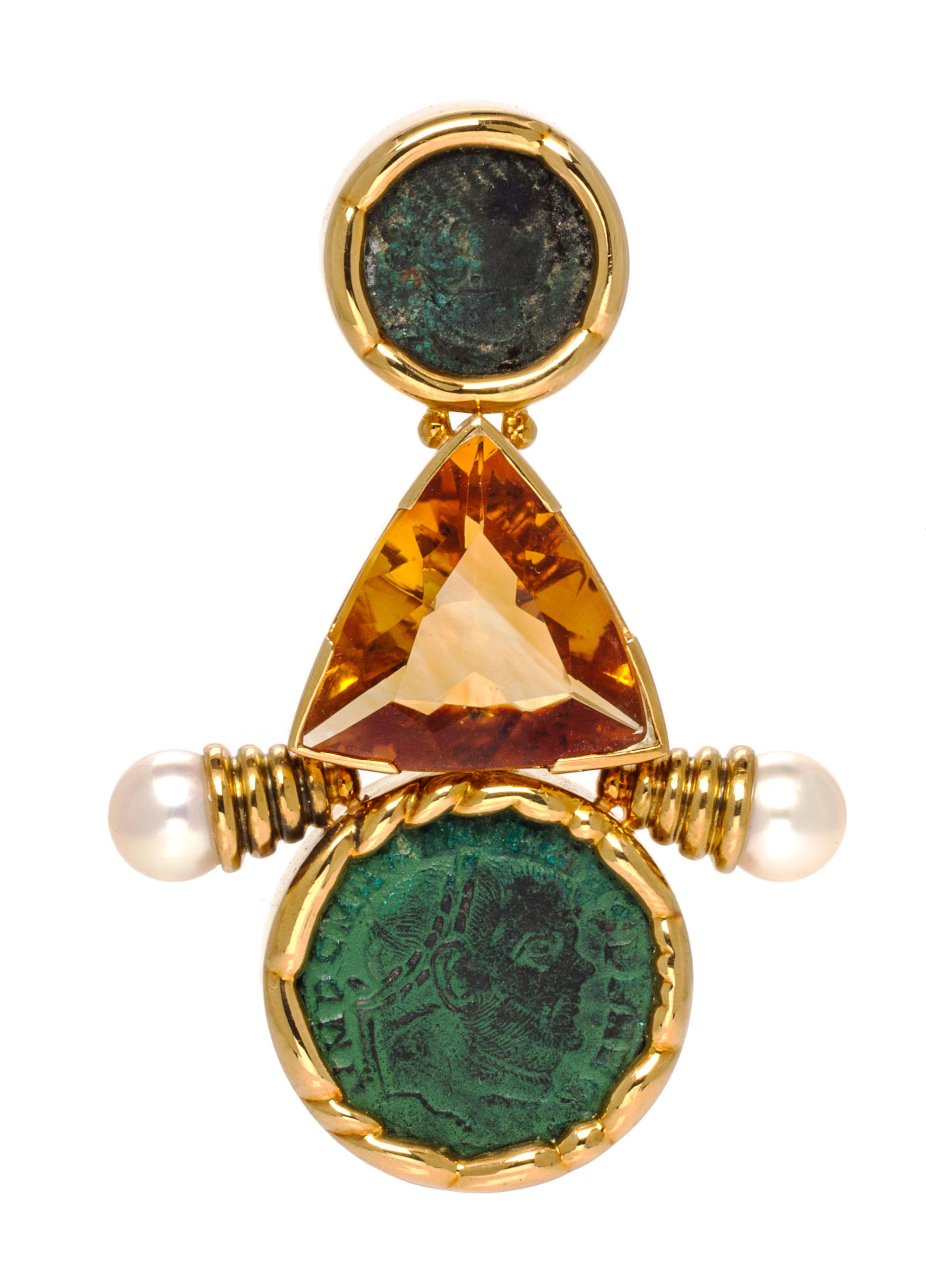 An 18 Karat Yellow Gold, Antique Bronze Coin, Citrine and Cultured Pearl Brooch, 34.20 dwts.