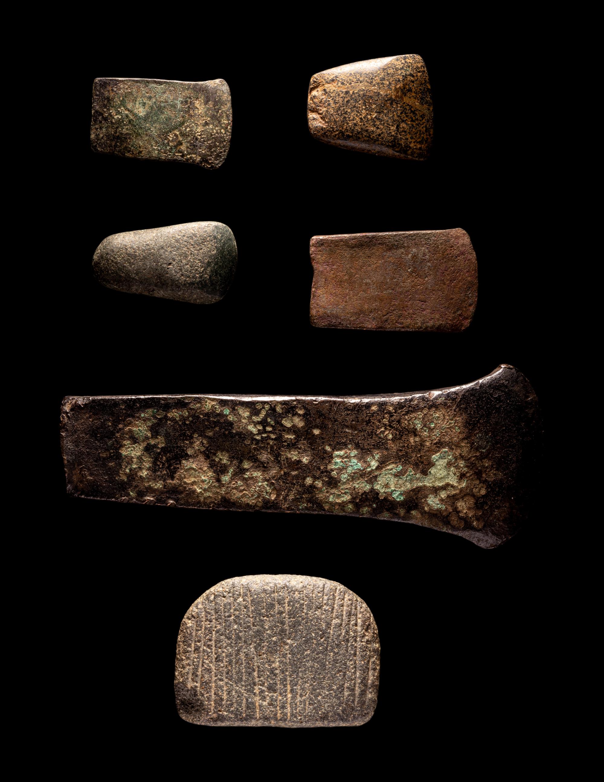 A Group of 6 South American Tools and a Vessel