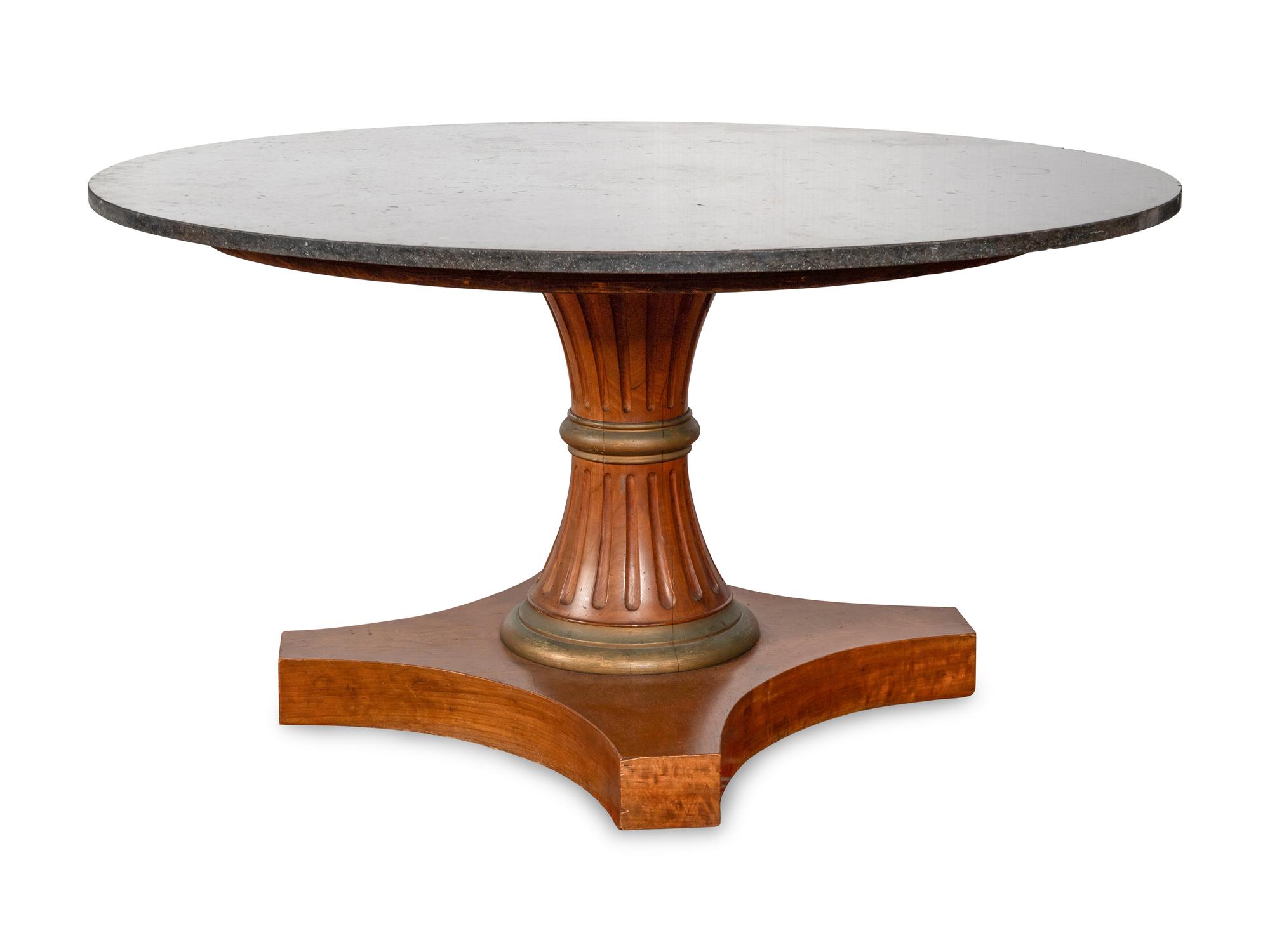 A Directoire Style Parcel-Gilt Walnut and Marble Top Pedestal Table