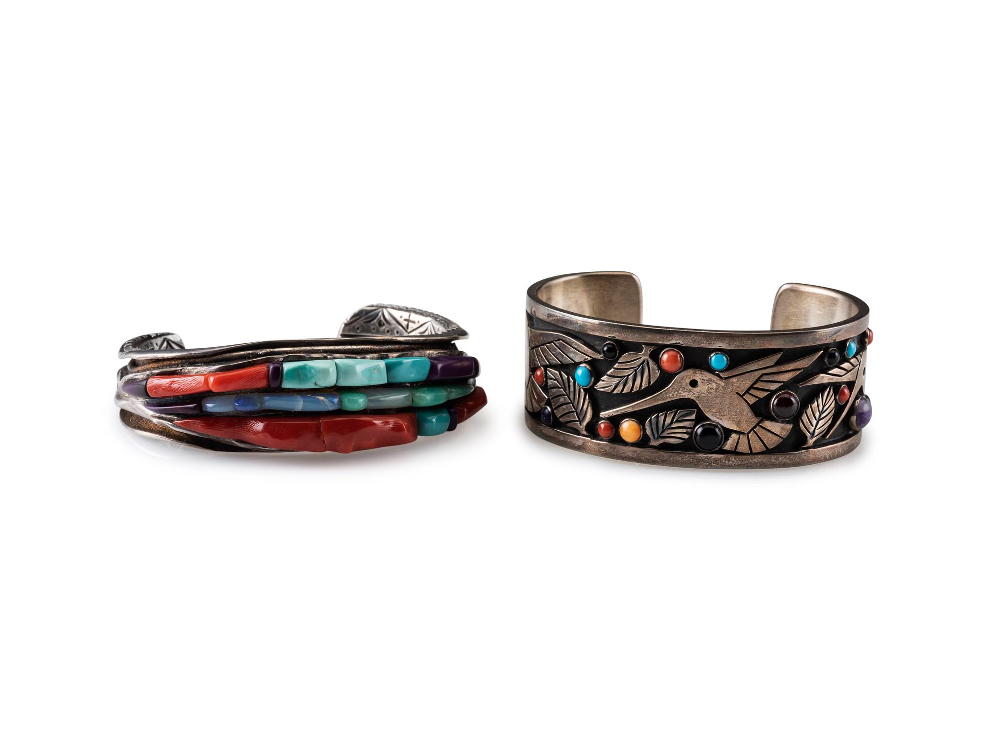 Navajo Silver Cuff Bracelets, with Colorful Inlay