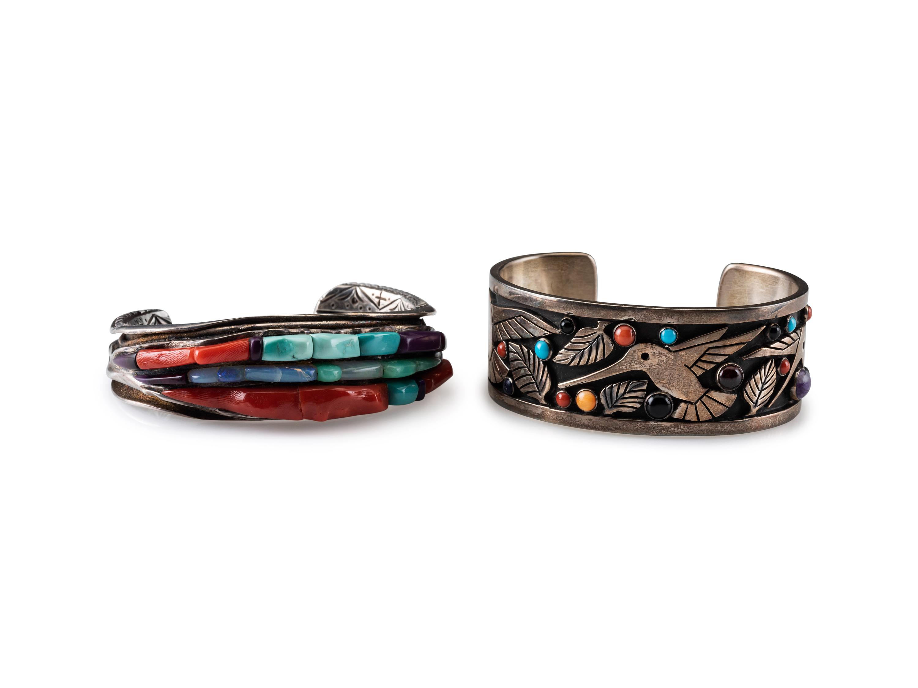 Navajo Silver Cuff Bracelets, with Colorful Inlay