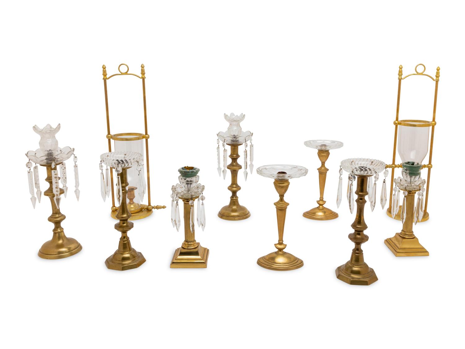 Five Pairs of Glass Mounted Brass Candlesticks