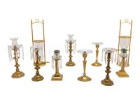 Five Pairs of Glass Mounted Brass Candlesticks