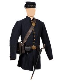 [CIVIL WAR]. A collection of items attributed to Thomas W. Johnson, Co. K, 4th Delaware Infantry, incl. frock coat, cap, belt rig, and cartridge box.