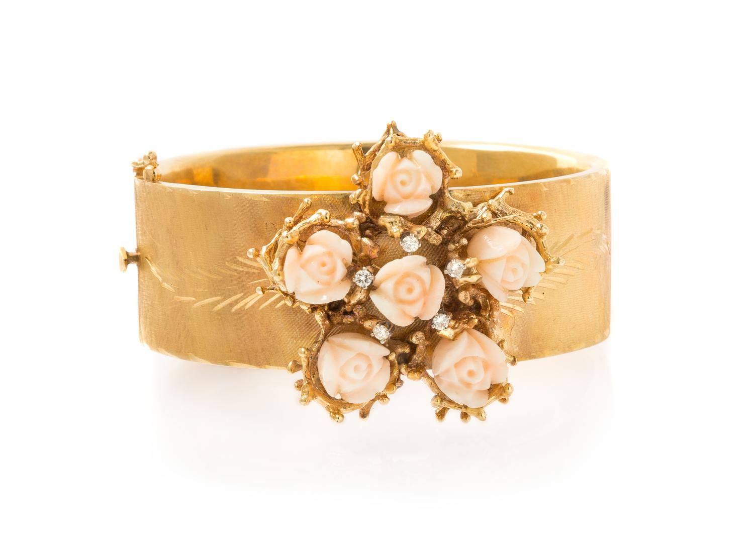 A Collection of Yellow Gold, Carved Coral and Diamond Jewelry, 45.20 dwts.