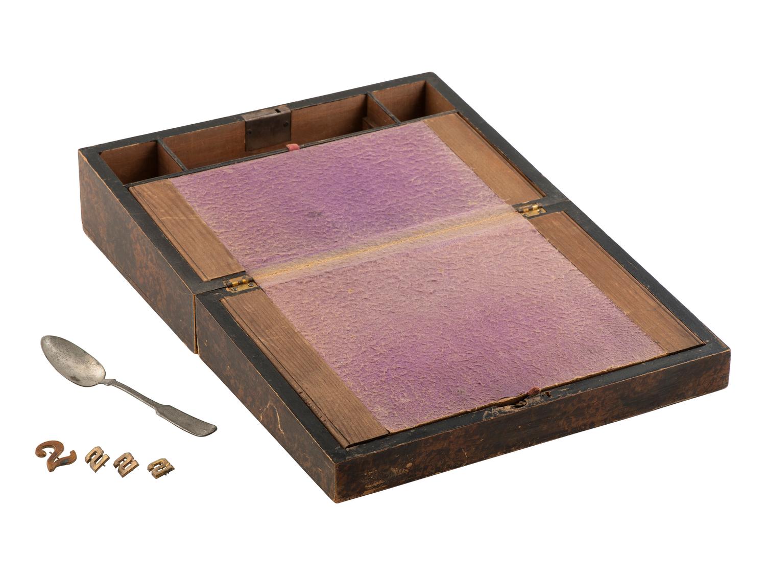 [CIVIL WAR]. Soldier's lap desk containing housewife, stencil, CDVs, and more.