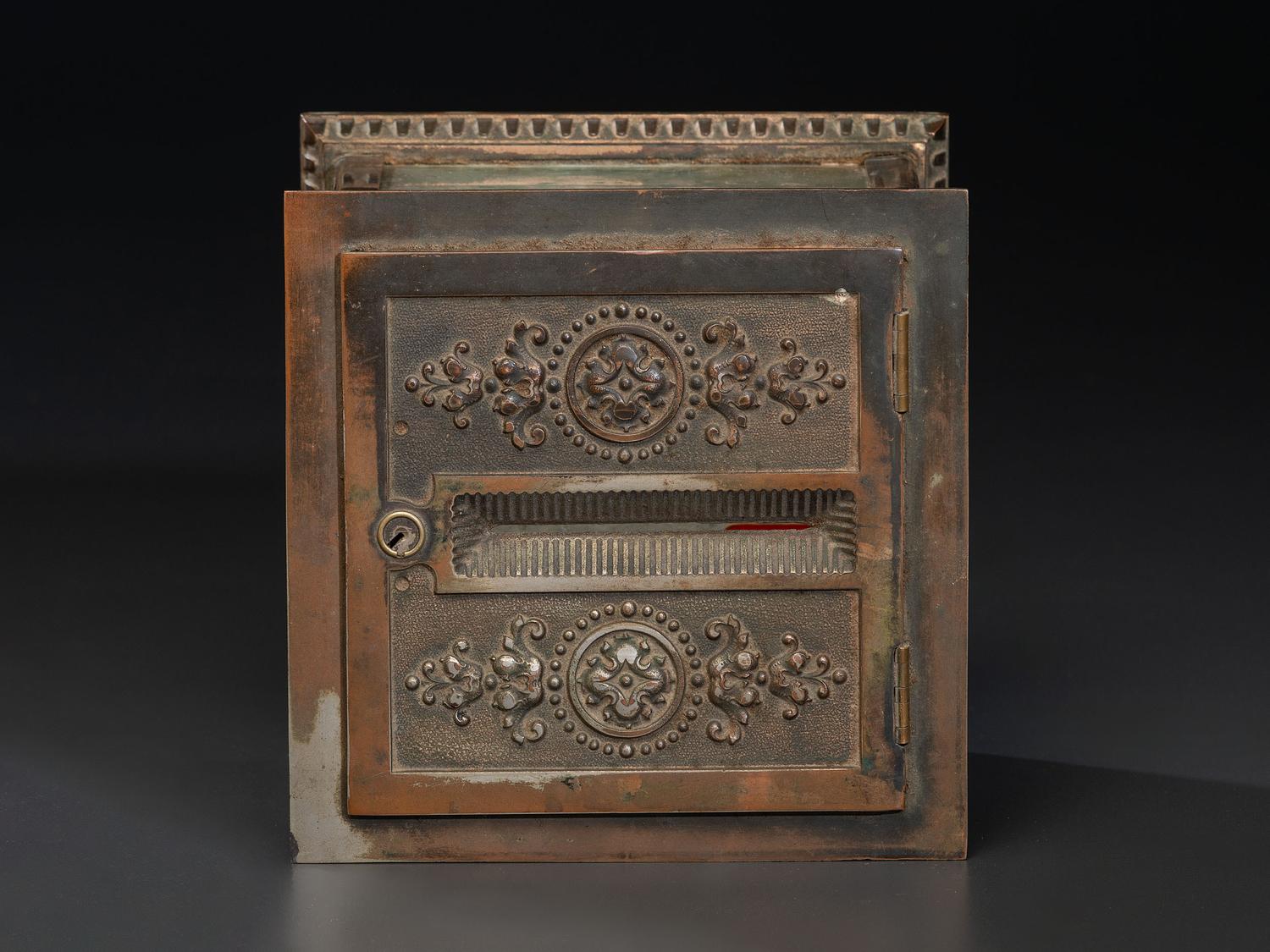 A National Cash Register Embossed Brass and Glass Ticket Receipt Box